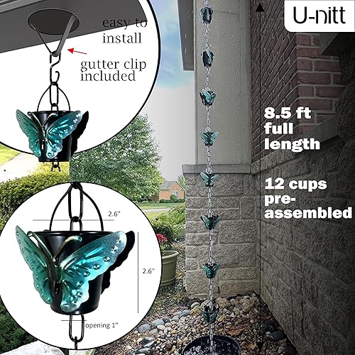 Miniatura 5 de Cadena de lluvia colección de agua para canalones, atrapador de agua de lluvia y desviador, cadenas de 8.5 pies para jardín exterior, copas de cubo