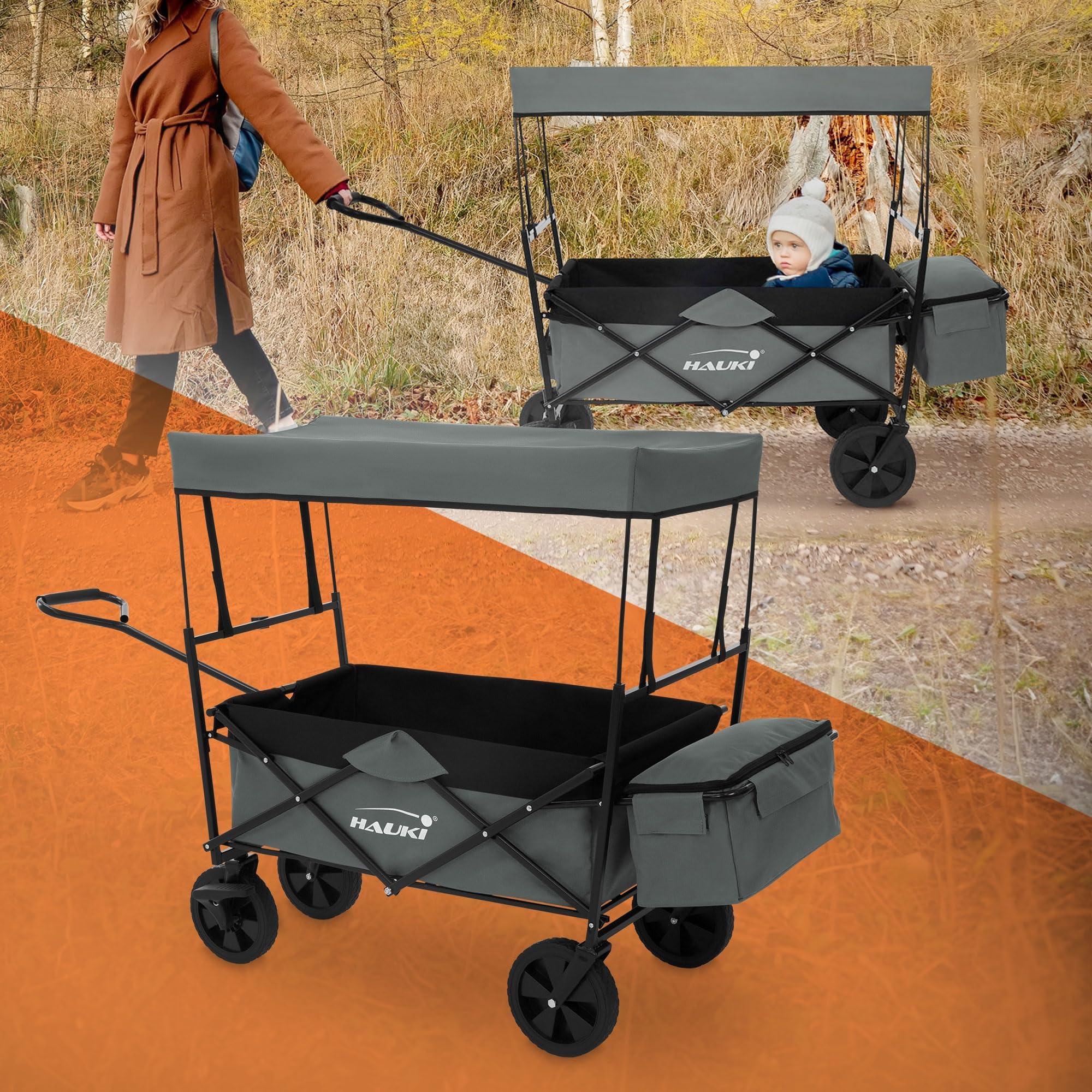 Hauki Bollerwagen faltbar mit Dach, Handwagen klappbar für Kinder, Strand, Picknick, Camping & Garten, Transportwagen bis 80 kg mit Rädern & Bremse, Gerätewagen mit Tasche & Getränkehältern, L Grau