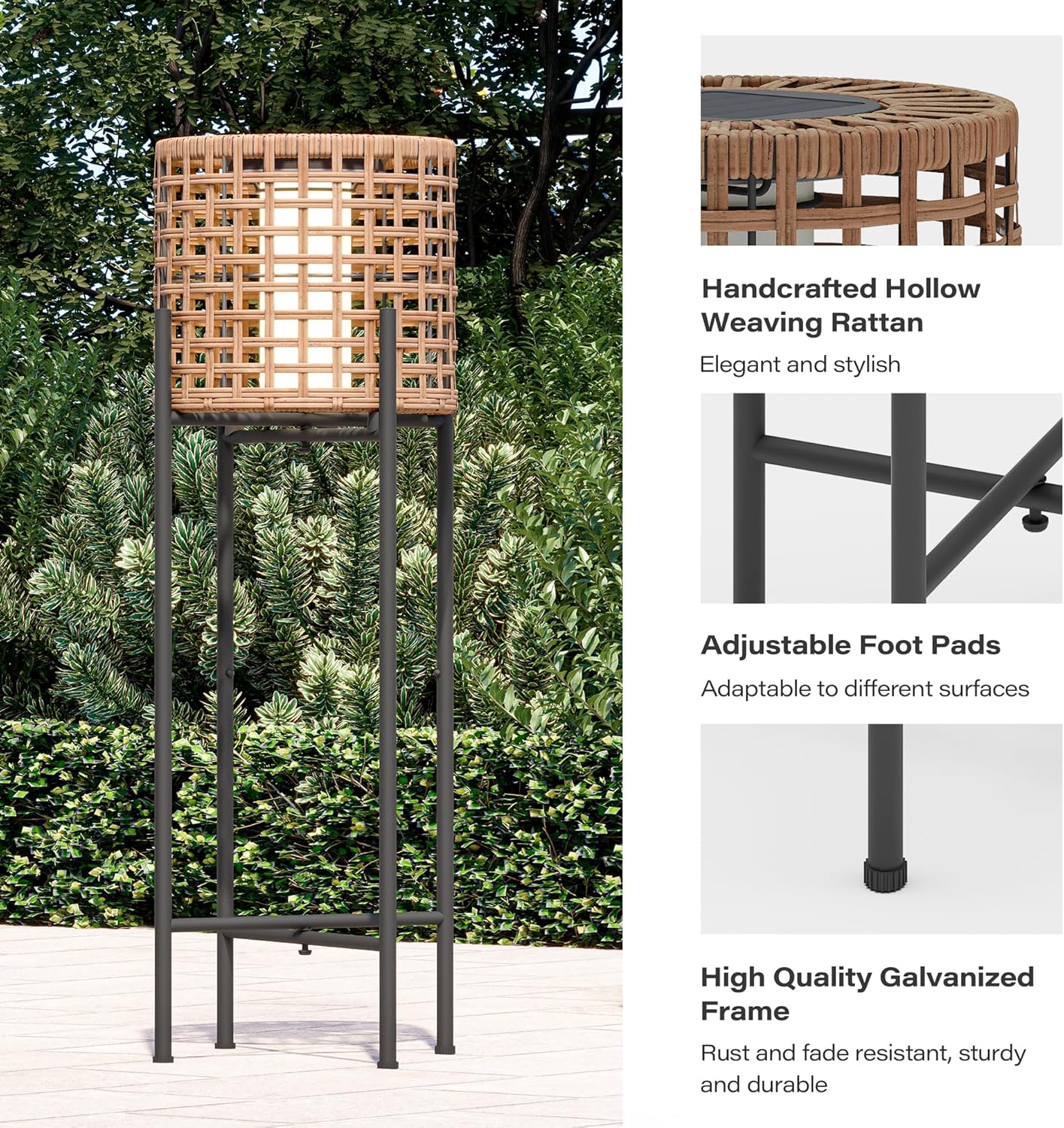 LAUSAINT HOME Solar Powered Outdoor Floor Lamp with Auto On/Off LED Light, Waterproof Wicker Patio Floor Lights, Boho Rattan Floor Lantern (1 Floor Lamp & 2 Desk Lamp)