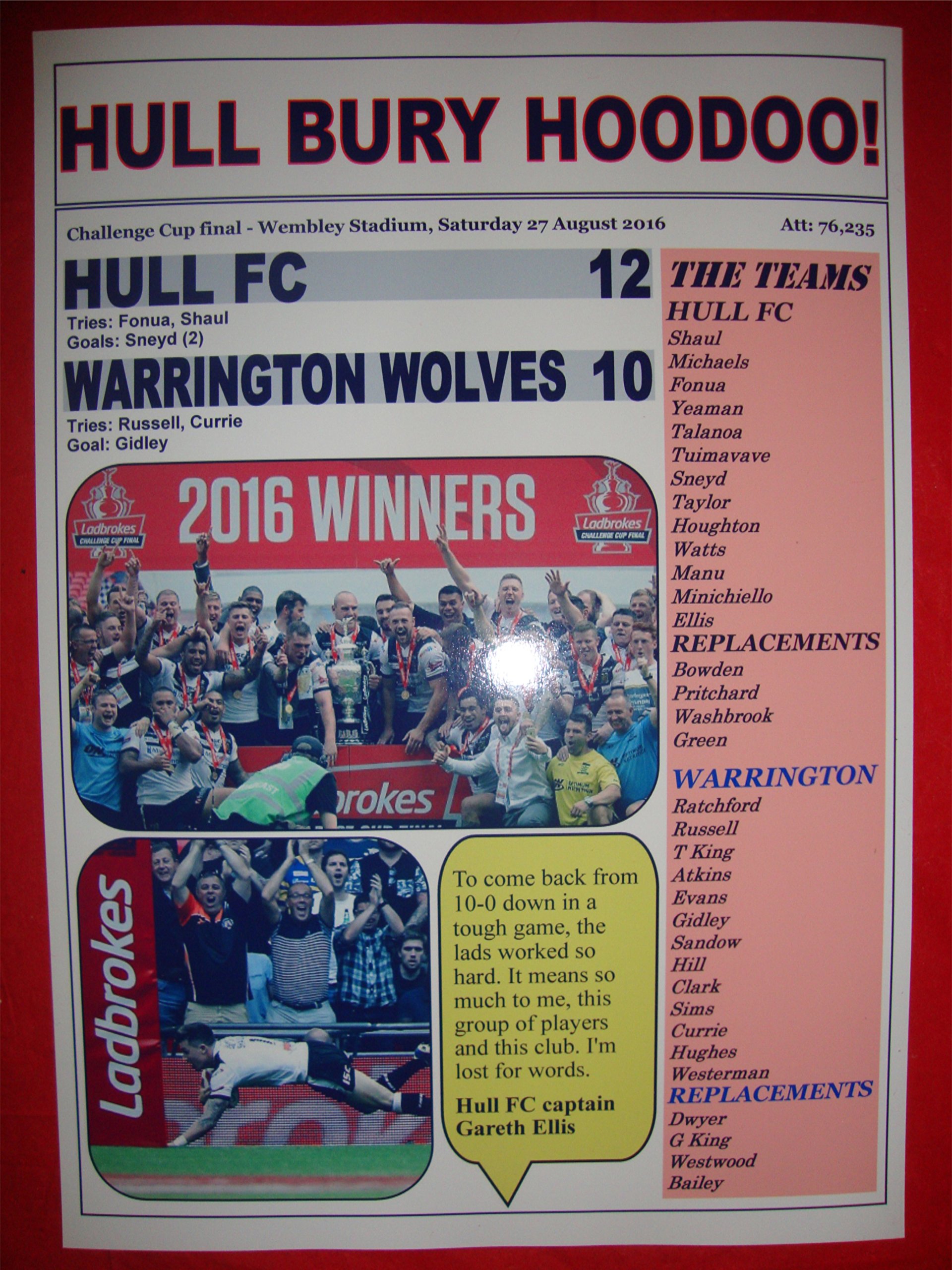 Lilywhite Multimedia Hull FC 12 Warrington Wolves 10 - 2016 Challenge Cup final - souvenir print