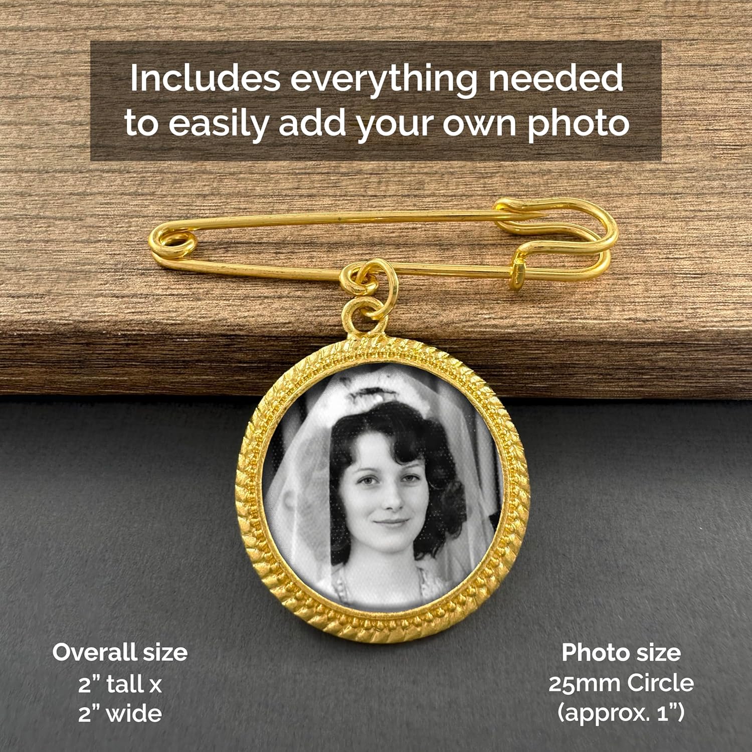 Gold Wedding Bouquet Photo Charm for Bridal Wedding Bouquet Gold Picture Frame Pin Memorial DIY Photo Charm for Bride or Memorial Boutonniere Pin for Groom - Image 3