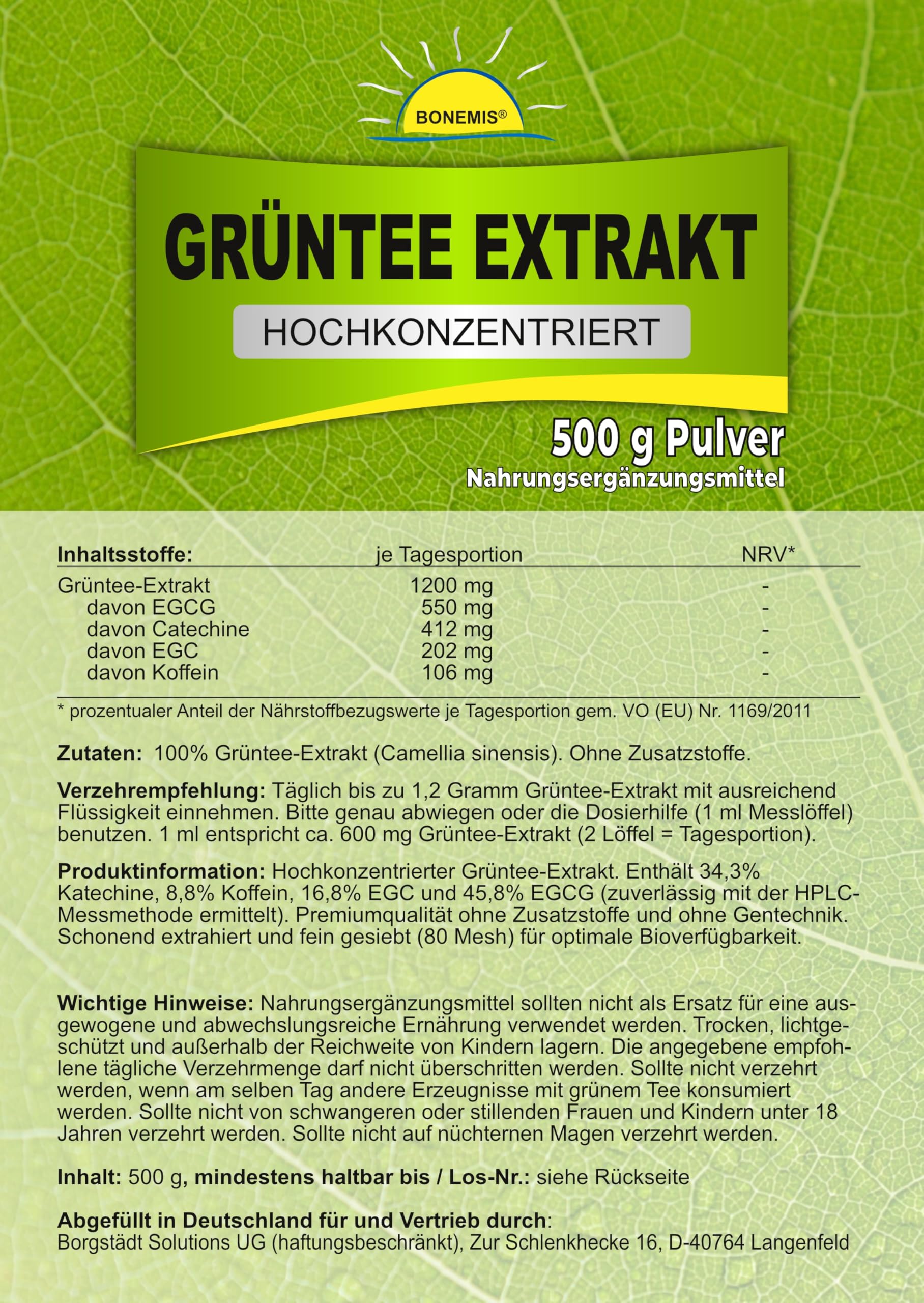 Grüntee Extrakt (hochkonzentriert, ohne Zusätze), 500 g Pulver im Beutel, enthält 45,8% EGCG (Epigallocatechingallat), Bonemis®
