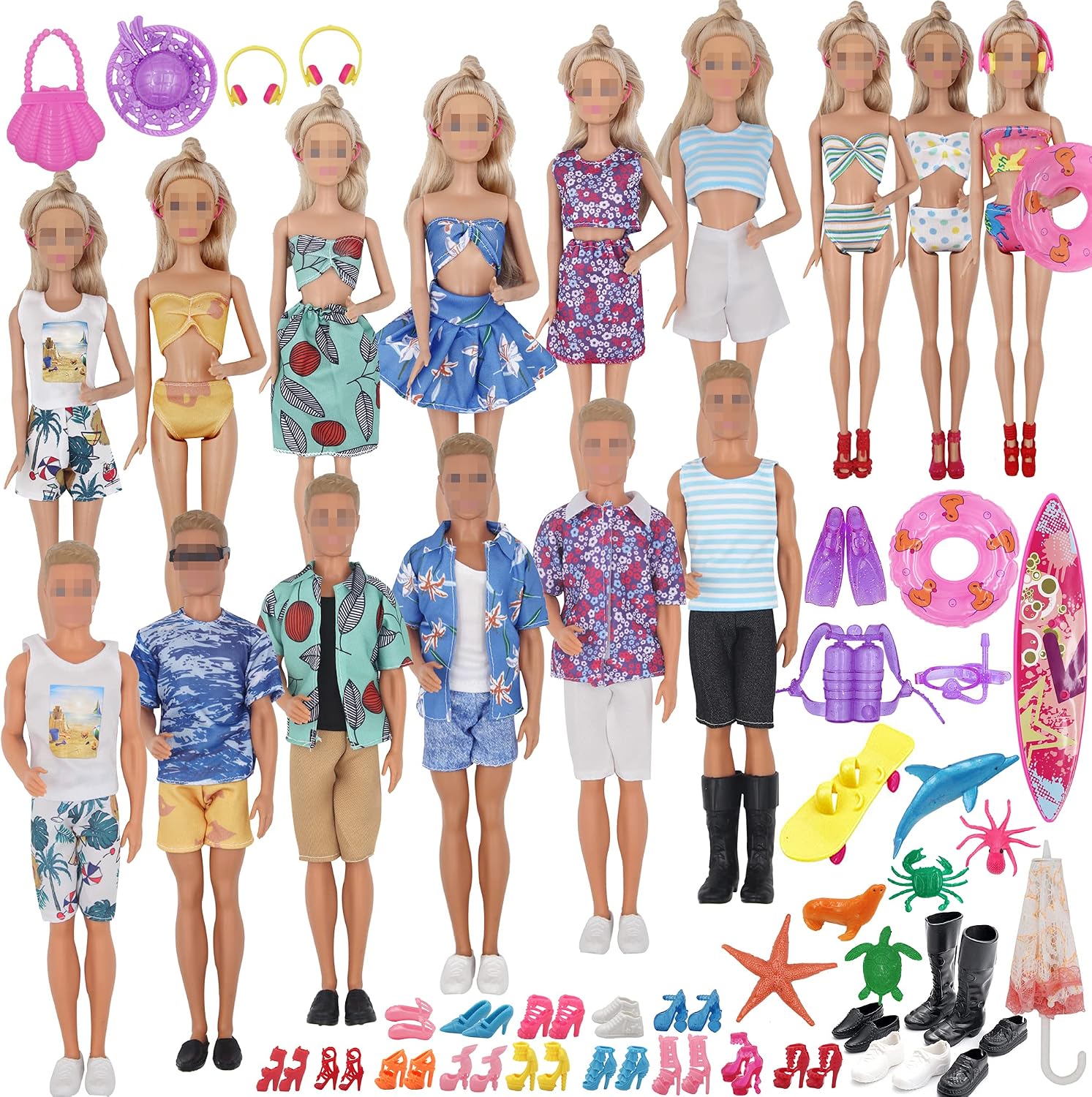 ZTWEDEN 89Pcs Doll Clothes and Accessories for 12 Inch Boy Doll and 11.5 Inch Girl Doll Includes 32 Seaside Wear Clothes Bikini Marine Animal Surfboard Diving Swimming Sets 19 Pairs Shoes for Doll