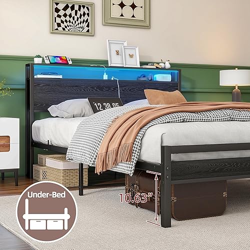 Miniatura 7 de BOFENG Base de cama Queen con cabecera de almacenamiento/luces LED, marco de cama de plataforma de metal con estación de carga, marco de cama tamaño