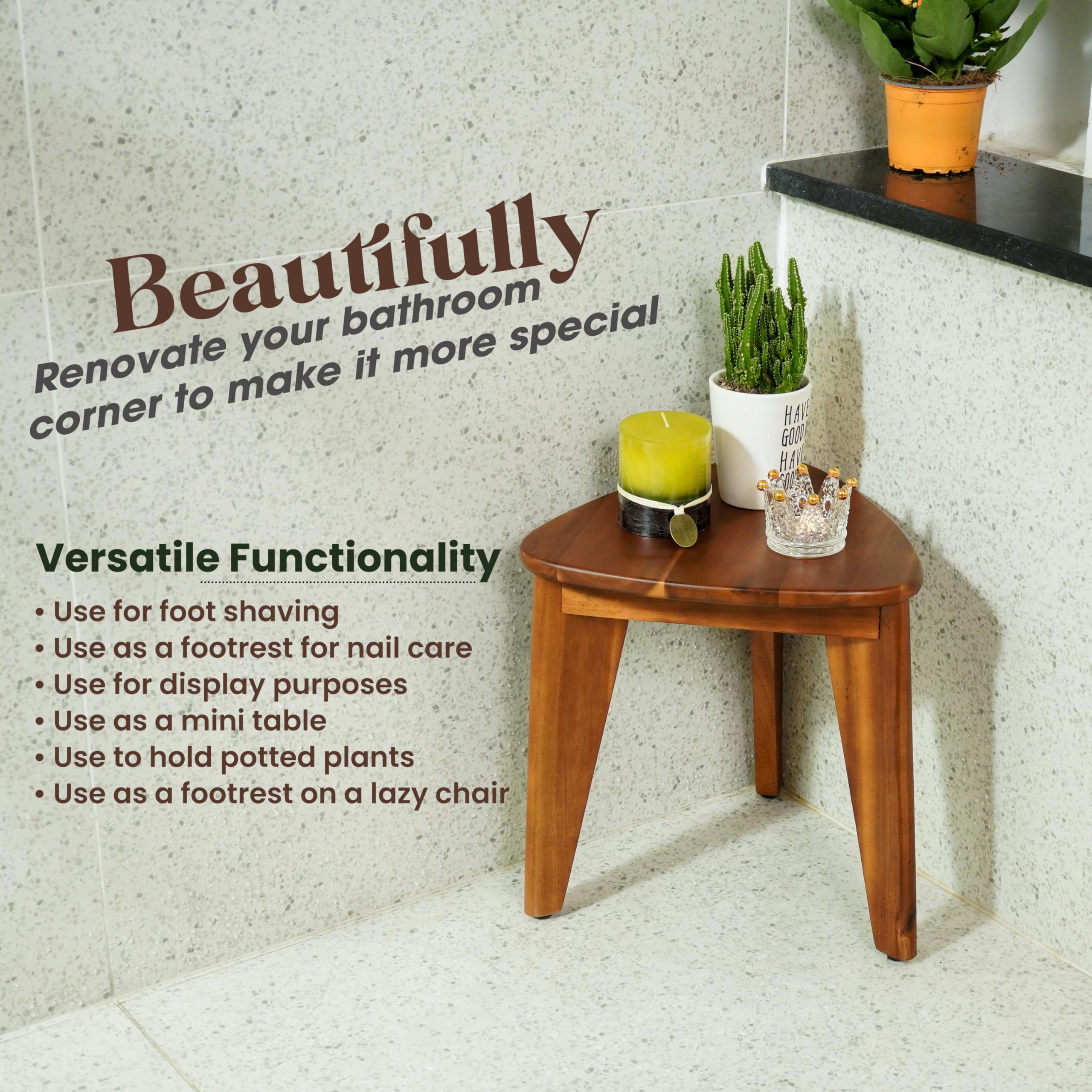 HOLANA Reposapiés de ducha esquinero de 12 pulgadas, asiento de madera para afeitarse las piernas, bancos de ducha pequeños para ducha interior, taburetes de baño impermeables para baño (madera de