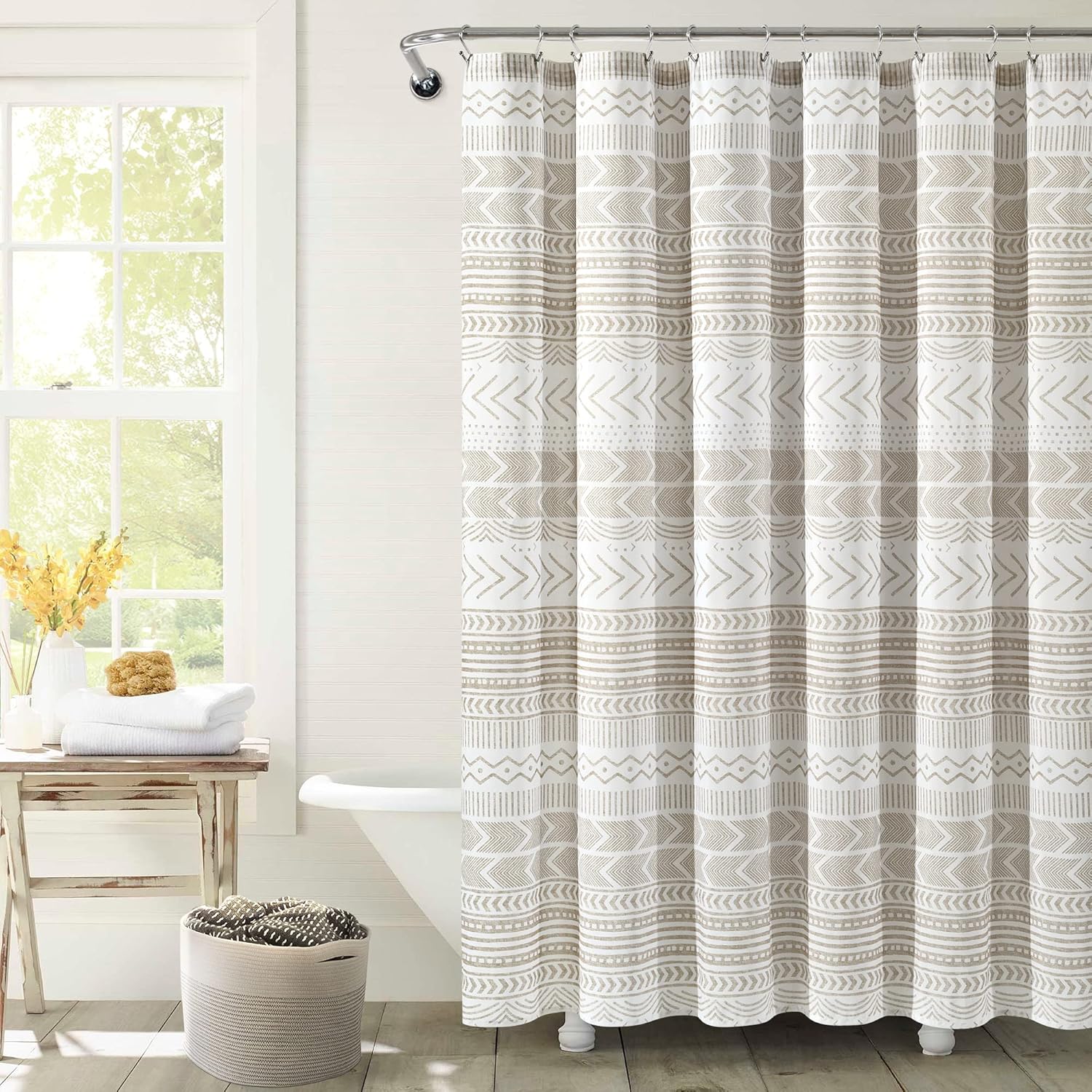 Lush Decor Hygge Geo Shower Curtain, 72" W x 72" L, Taupe/White - Curtain For Bathroom - Striped Bathroom Decor - Netural Color Home Accessories - White Home Accessories - Geometric Scandinavian Print