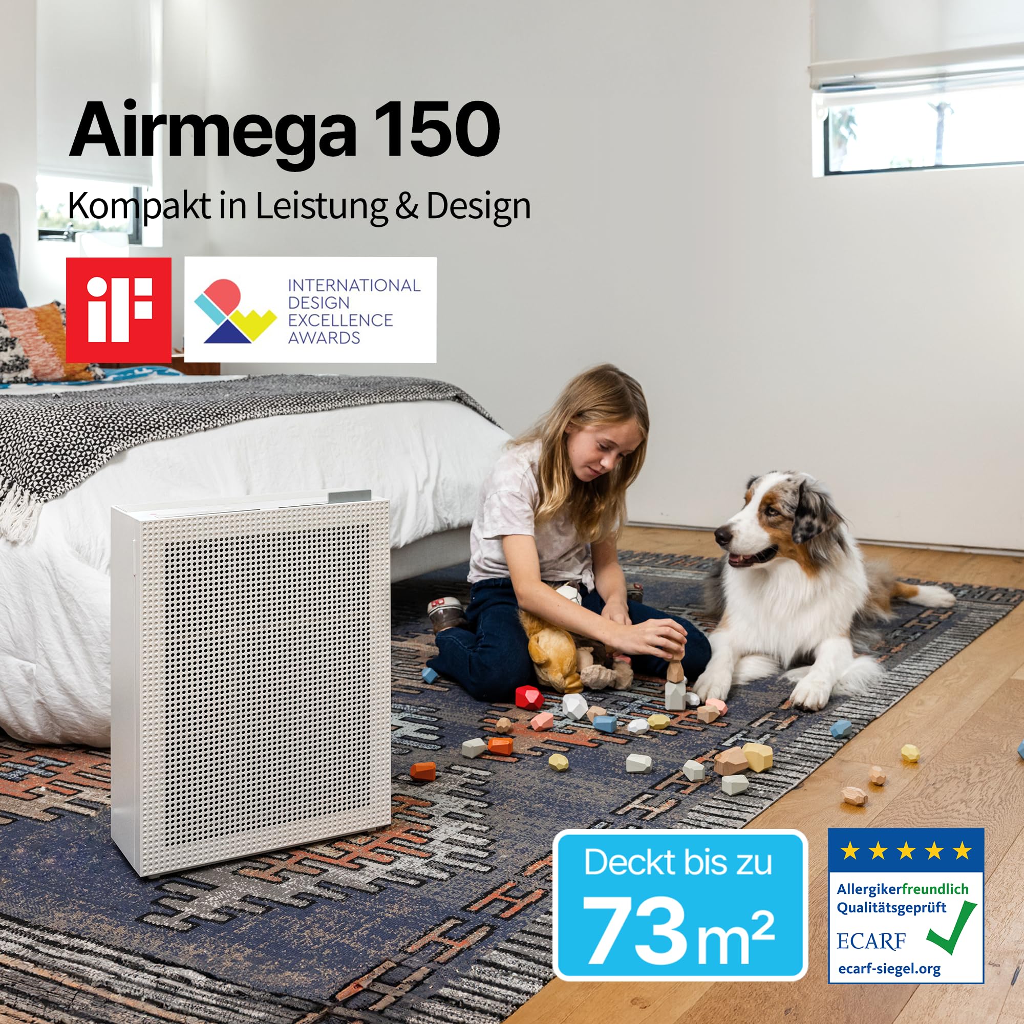 COWAY Luftreiniger Allergiker Zuhause Schlafzimmer air purifier, ECARF und Quiet Mark, Sleep Mode 20 dB, Vorfilter oben entnehmbar und waschbar, Allergie Rauch Pollen Haustiere, Airmega 150, Weiß