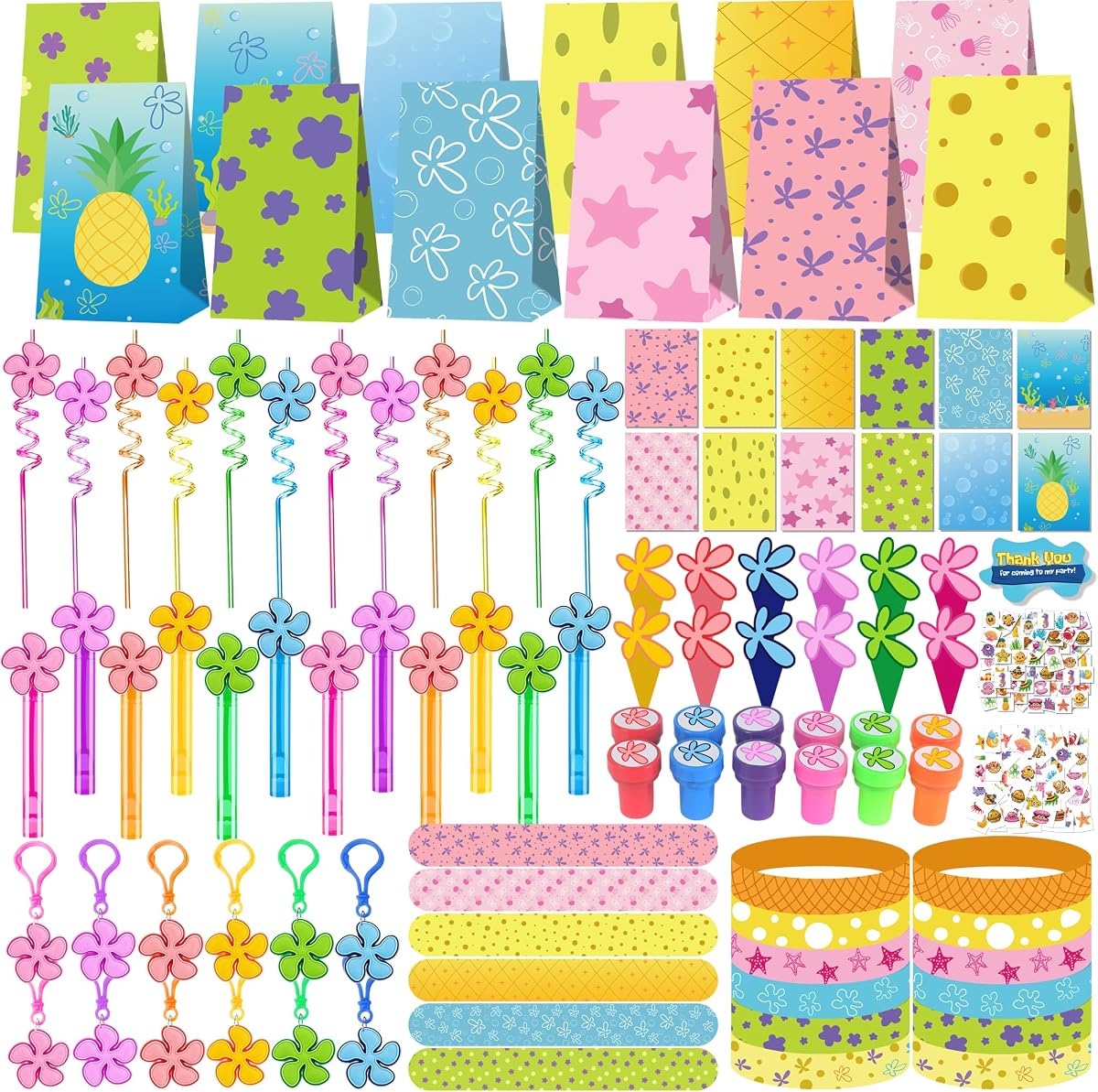 【 TODO EN UNA CAJA 】 332 piezas de decoraciones de recuerdos de fiesta para cumpleaños con tema de esponja | Suministros de relleno para piñatas con bolsas de regalos, pajitas, varitas de burbujas, adornos para pasteles, pegatinas, etc.