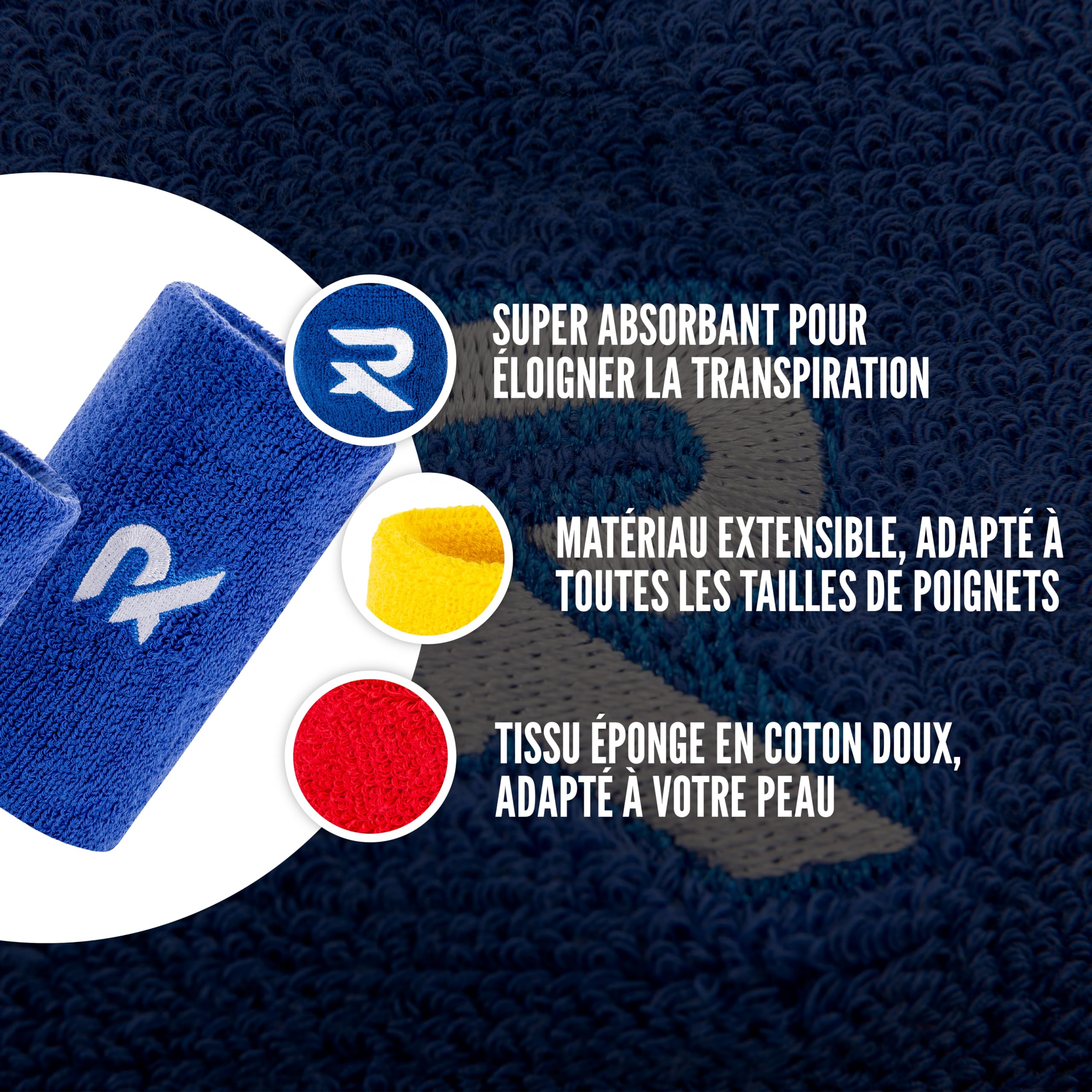 Serre-Poignets en Coton Raquex - Matière Extensible en Coton Doux. 8 cm ou 13 cm de Largeur. Bandeaux Anti-Transpiration de Sport pour Hommes et Femmes. 7 Couleurs Disponibles