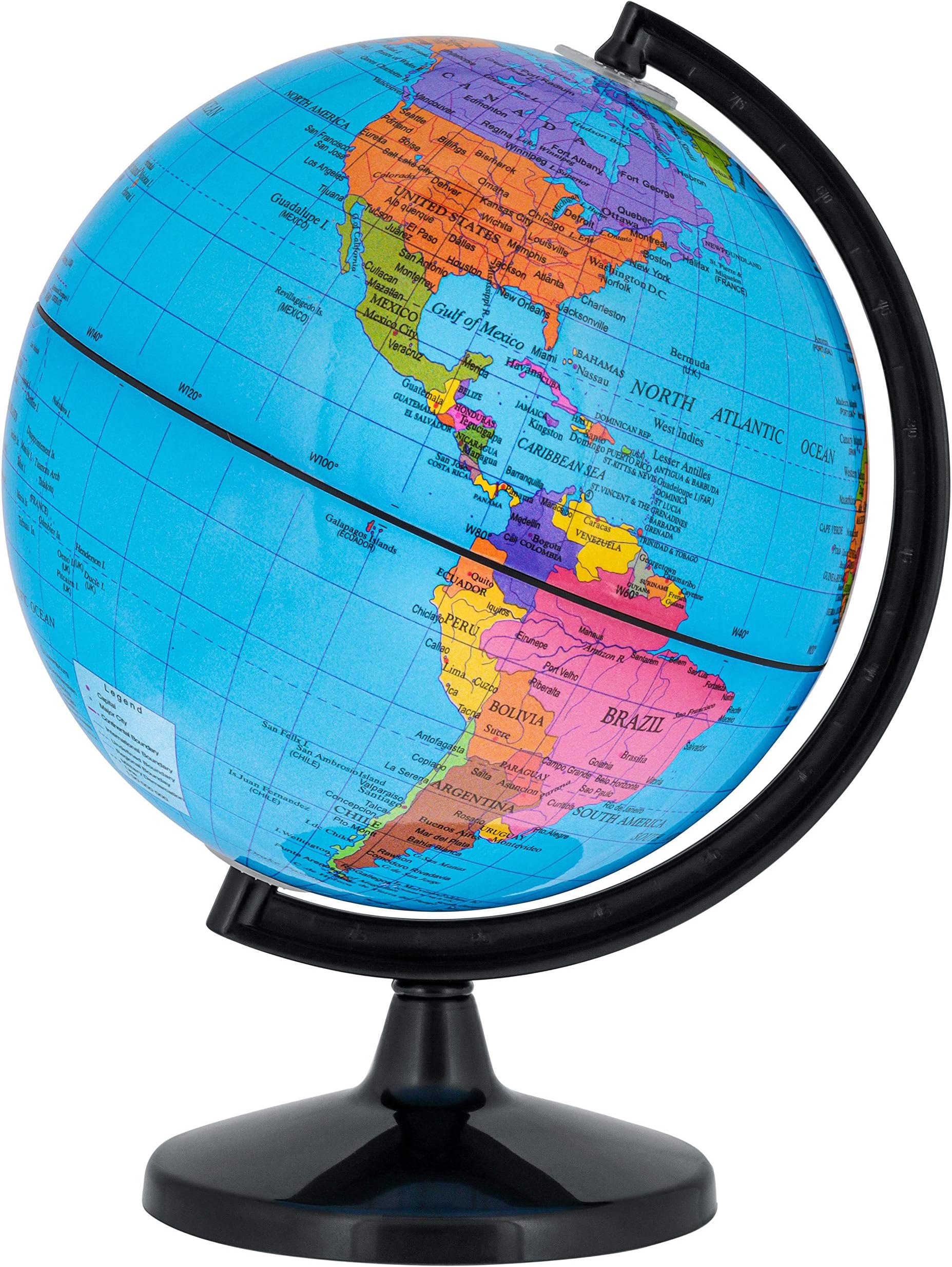 6" Blue Ocean World Globe with Black Base - Compact Mini Political Globe, Vertical Axis Rotation - Fun, Educational, Learn Earth Geography - School, Home Office, Shelf Desktop Display