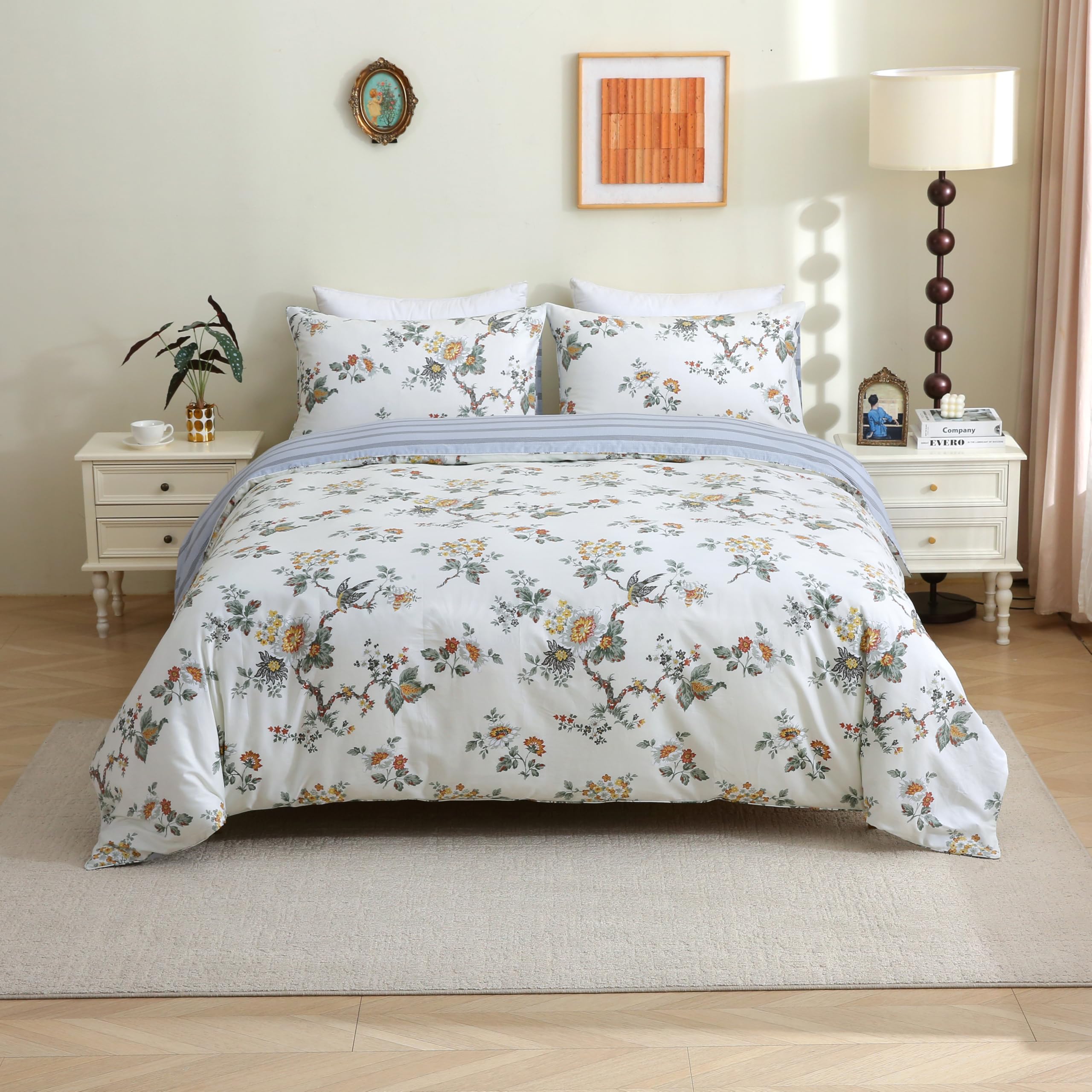 USTIDE King Cotton Floral Duvet Cover Set 3 Pieces Rustic Shabby French Bedding 1 Duvet Cover with 2 Pillowcases - Image 3
