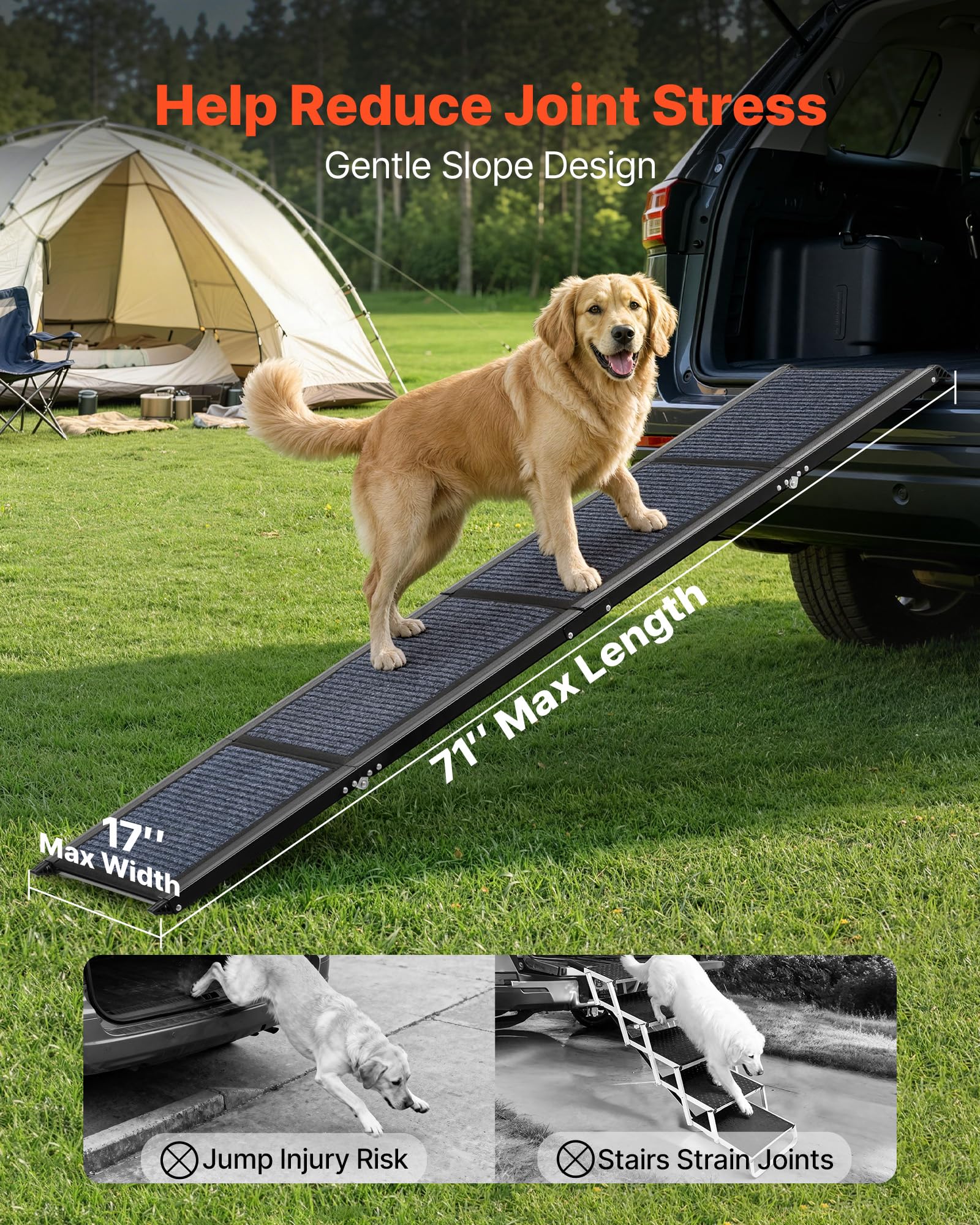 VEVOR Hunderampe, 180 x 43,2 cm, Faltbare Hundeautorampe für mittelgroße & große Hunde bis 113 kg, Hundetreppe mit Rutschfester Filzteppichoberfläche, tragbare Einstiegshilfe für SUV & LKW