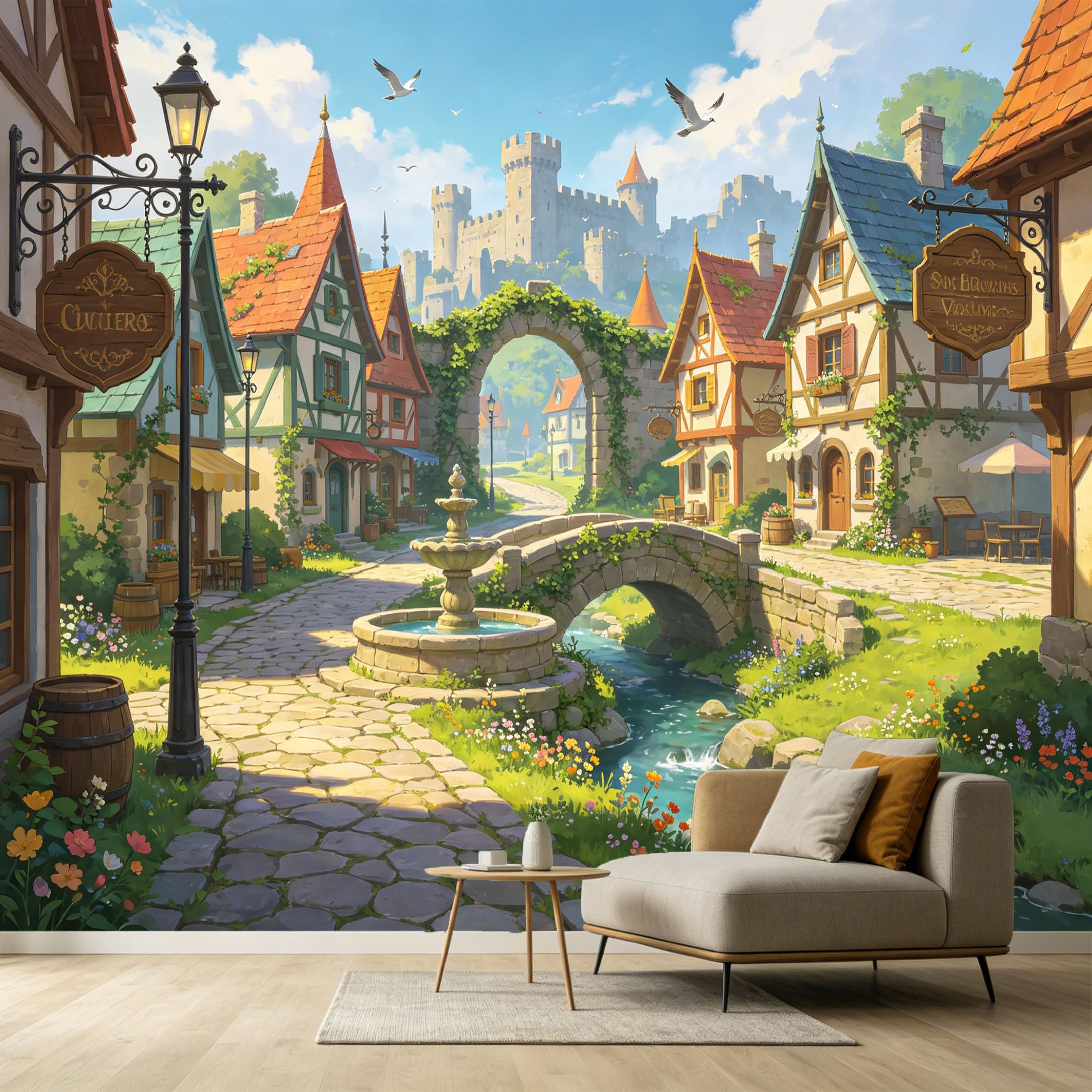 Custom Size Wall Murals European Medieval Village Stone Bridge Castle Oil Painting SelfAdhesive Wall Fabric Removable Large Wallpaper for Photo Living Room