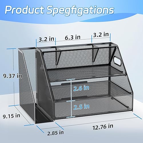 Miniatura 2 de Docnest Bandeja de papel de 3 niveles, organizador de escritorio de malla metálica con asa, soporte para bolígrafo integrado, almacenamiento de