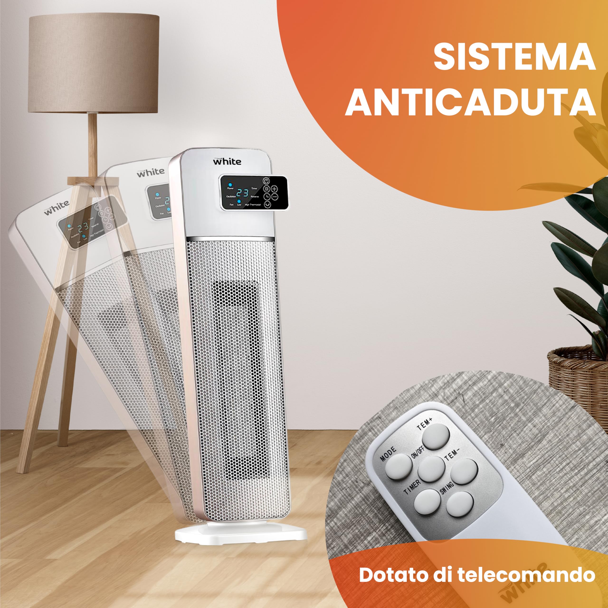 White - Ceramiczna kuchenka elektryczna PTC, Kuchenka elektryczna 2000W Z Pilotem, Grzejnik elektryczny 3 poziomy, regulator czasowy, Automatyczna oscylacja, Wyświetlacz LED Ekran Dotykowy