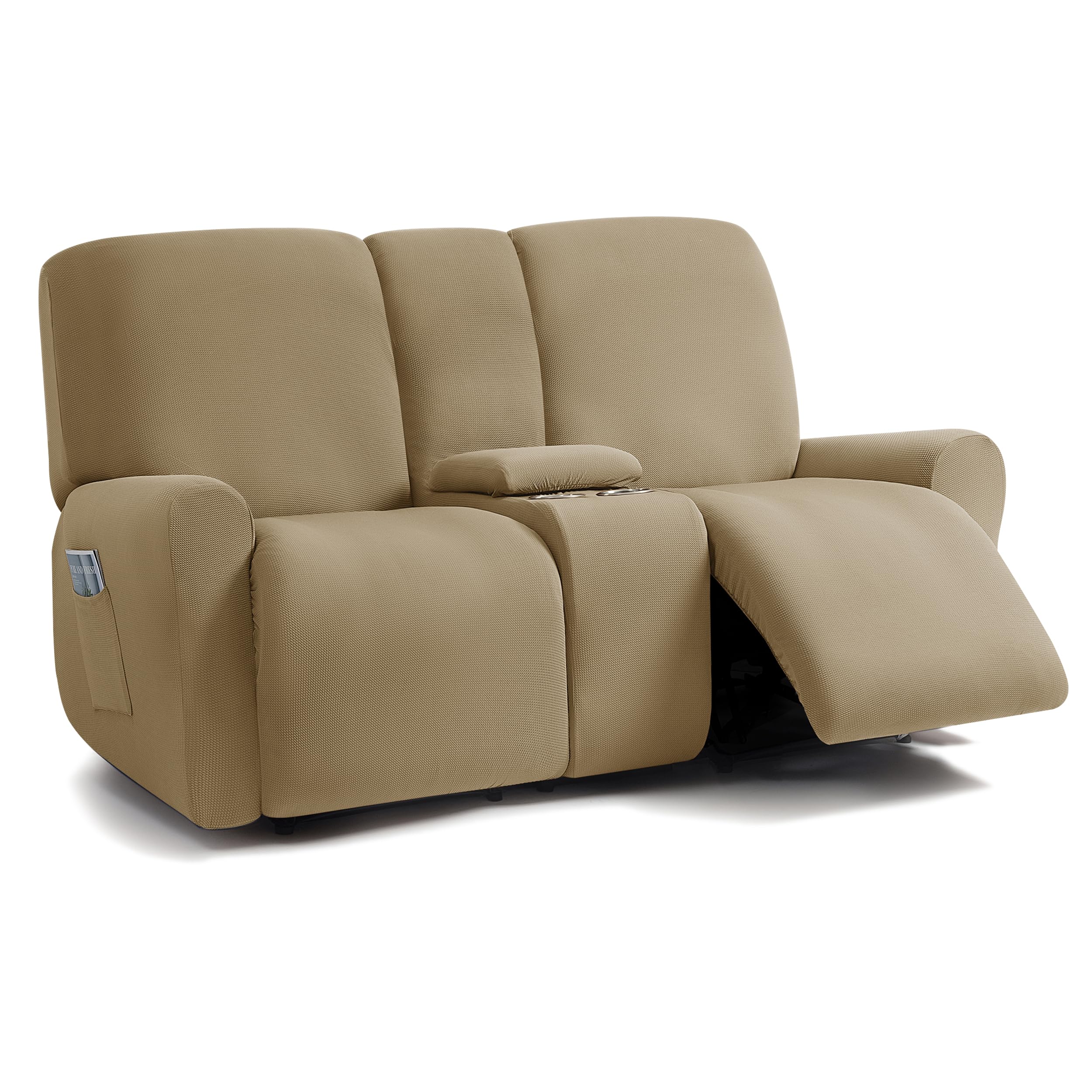 ULTICOR Jacquard Design Reclining Loveseat with Middle Console Slipcover, 8-Piece Stretch Sofa Covers, 2 seat Loveseat Recliner Cover, Washable (Sand)