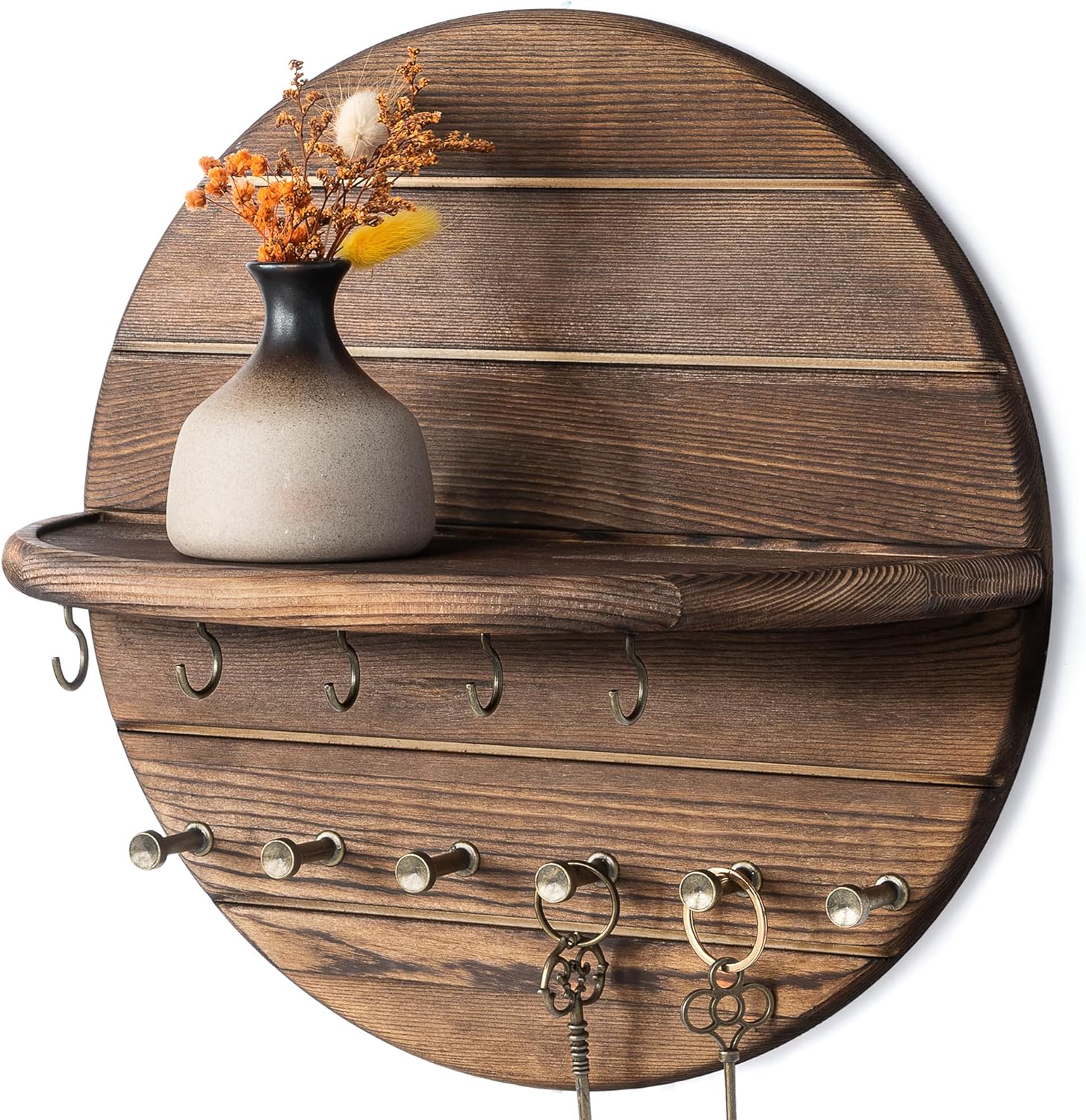 Rebee Vision Pine Wood Key Holder Wall Mount – Rustic Wooden Key Hooks for Wall with Shelf – Decorative Mail Organizer, Coat Rack & Dog Leash Holder for Home Decor, Entryway and Living Room (Brown)