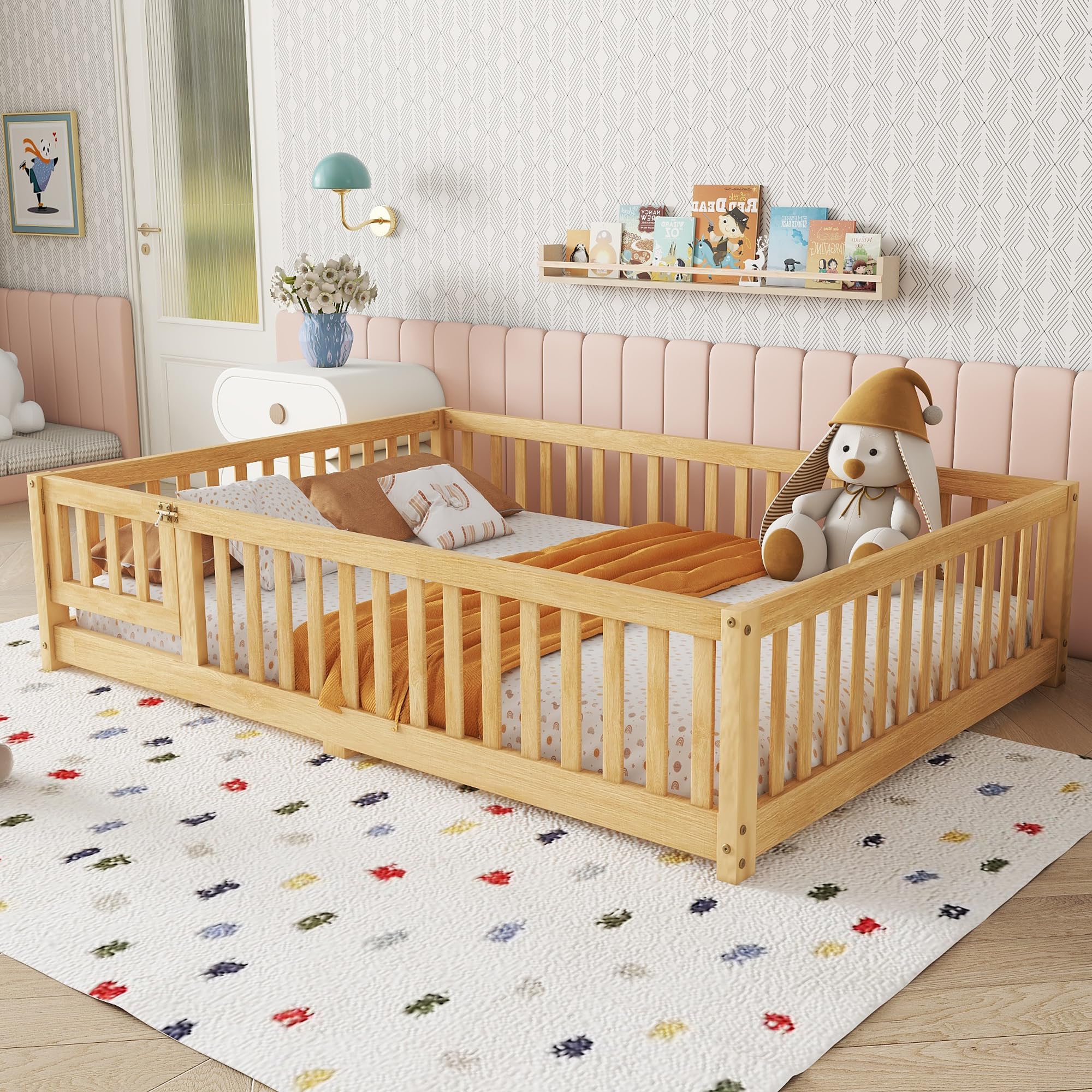 Full Size Montessori Floor Bed with Slats, Full Size Floor Bed with Door and Fence, Easy Assemble Montessori Beds for Kids, Girls, Boys, Natural