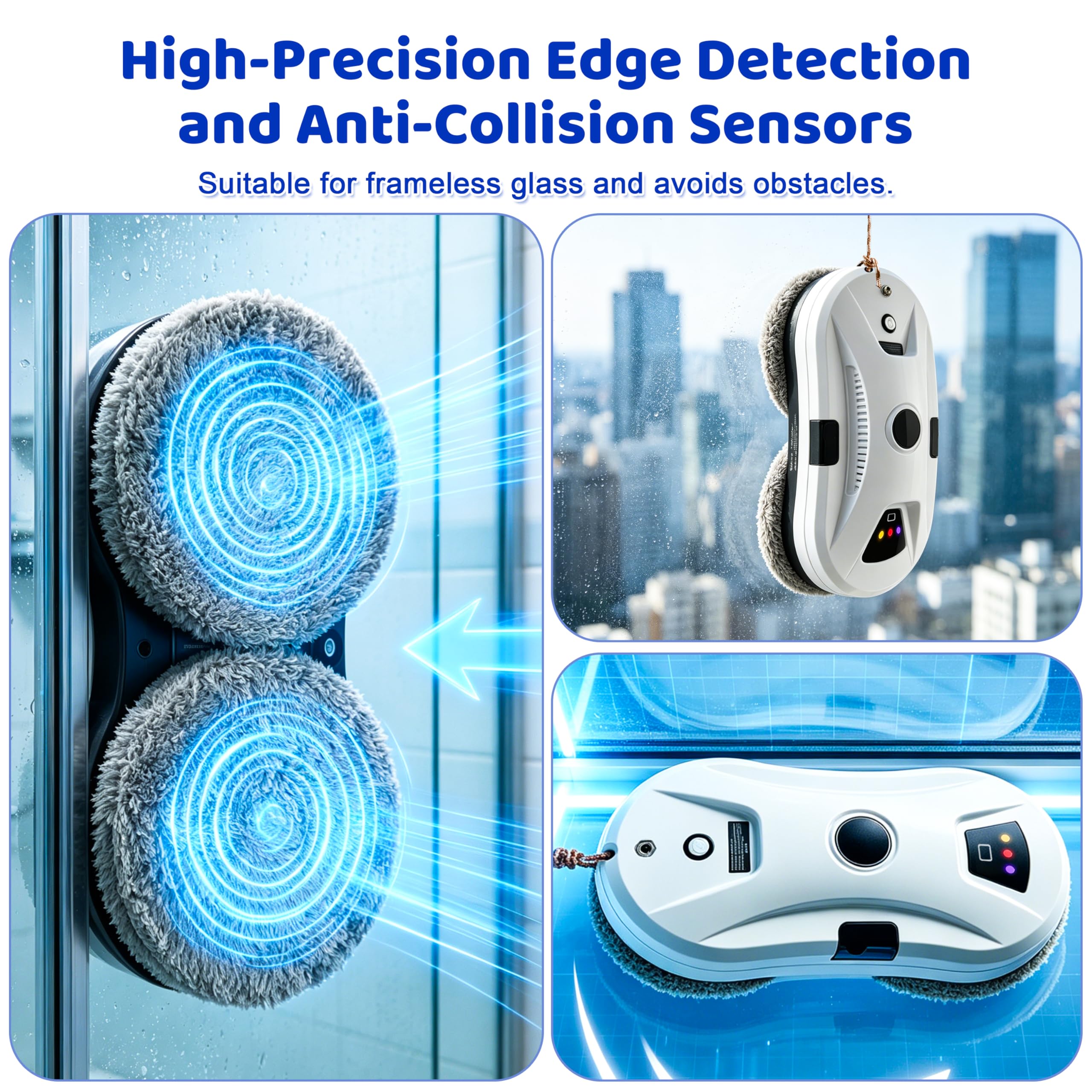 Robot de nettoyage de vitres intelligent avec aspiration forte de 5600 Pa, système de sécurité multiple, détection des bords, pour plafond de fenêtres hautes, extérieur et intérieur, blanc