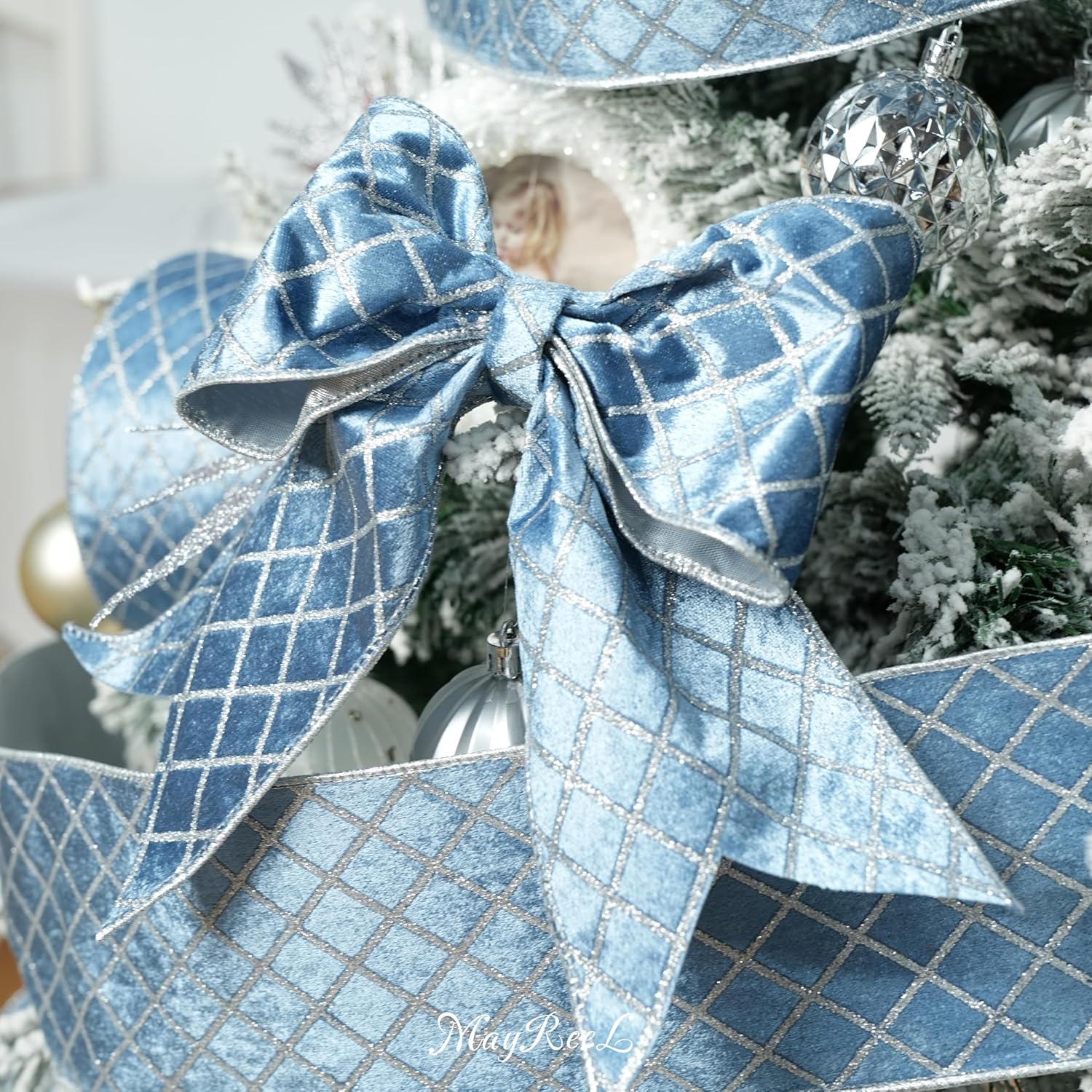 MAYREEL 4 Inch Dusty Blue and Silver Velvet Wired Ribbon Metallic Diamond Glitter Grid for Christmas Gift Wrapping Floral Craft Bows Wreaths Garland Holiday Decor 10 Yards
