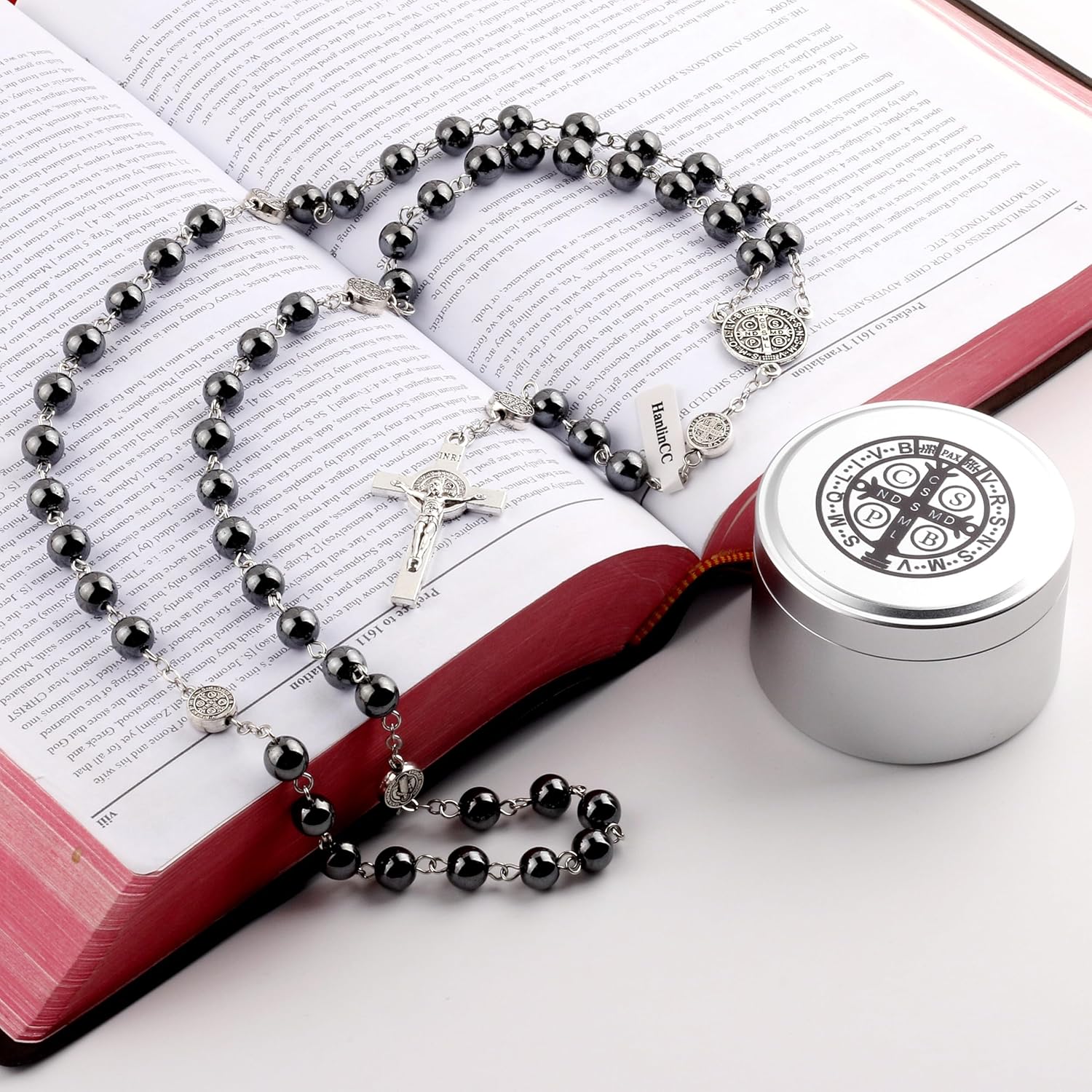 HanlinCC Lava and Hematite Stone Beads Saint Benedict Rosary Necklace with Catholic Titanium Steel Box for Men and Women - Image 4