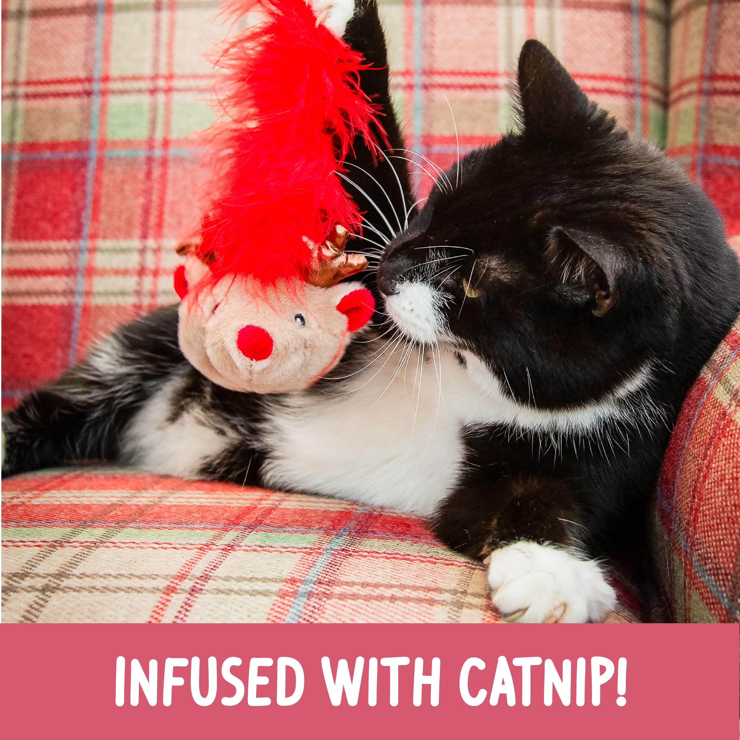 Rosewood Roxy Reindeer Cat Teaser Wand, Festive Catnip Toy with Feather Boa & Sparkly Tinsel Stick - Image 4