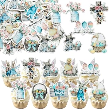 Ephlyn 50Pcs Edible Happy Easter Cupcake Toppers Wafer Paper Bunny Rabbit Cupcake Picks Bunny Baby Shower Decorations Colorful Cute Easter Cupcake Picks for Spring Theme Party Decoration