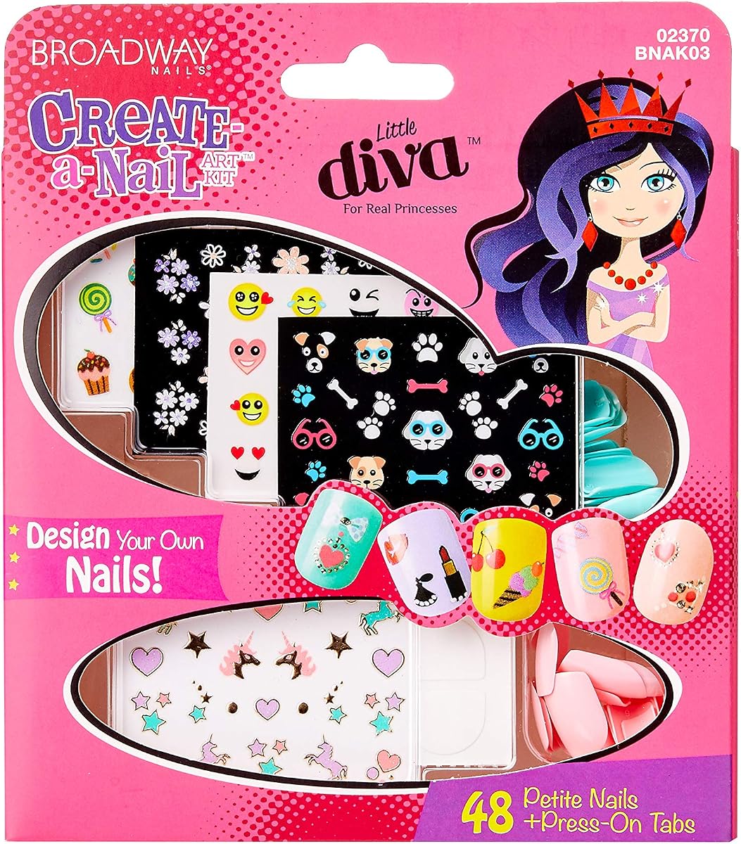 Broadway Little Diva Nail Art Kit, Safe On Natural Nails, Mom Approved, Over 250 Nail Stickers, 48 Ready-To-Wear Petite Fake Nails & 48 Press-On Adhesive Tabs