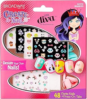 KISS Broadway Little Diva Nail Art Kit, Safe On Natural Nails, Mom Approved, Over 250 Nail Stickers, 48 Ready-To-Wear Petite Fake Nails & 48 Press-On Adhesive Tabs