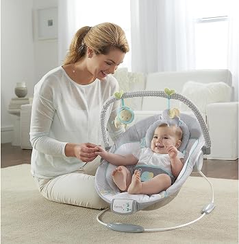 Ingenuity Relaxing Main lap Baby Seat, Sounds and Vibrations, 0-6 Months, Up to 9 kg - Morrison, Elephant/Lion Toy (Grey/Blue)