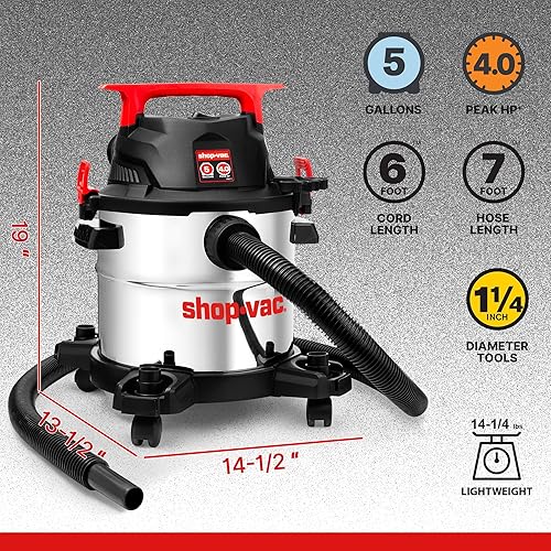 Miniatura 2 de Shop-Vac 5430162 Aspiradora húmeda y seca, 5 galones, 4 CV pico, 1-14 pulgadas de diámetro x 7 pies, cable de 6 pies, ideal para trabajo, garaje,