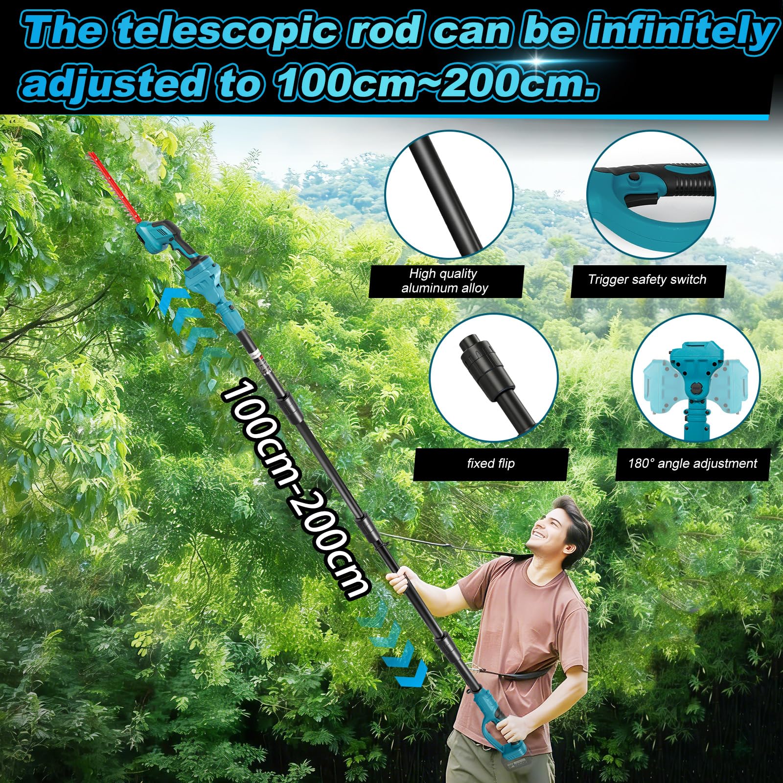 Cortasetos y podadora eléctrica con batería 5 en 1 con mango extensible, compatible con Makita 18 V, longitud ajustable de 100 a 200 cm y cabezal giratorio de 0 a 180°, cortador de setos eléctrico