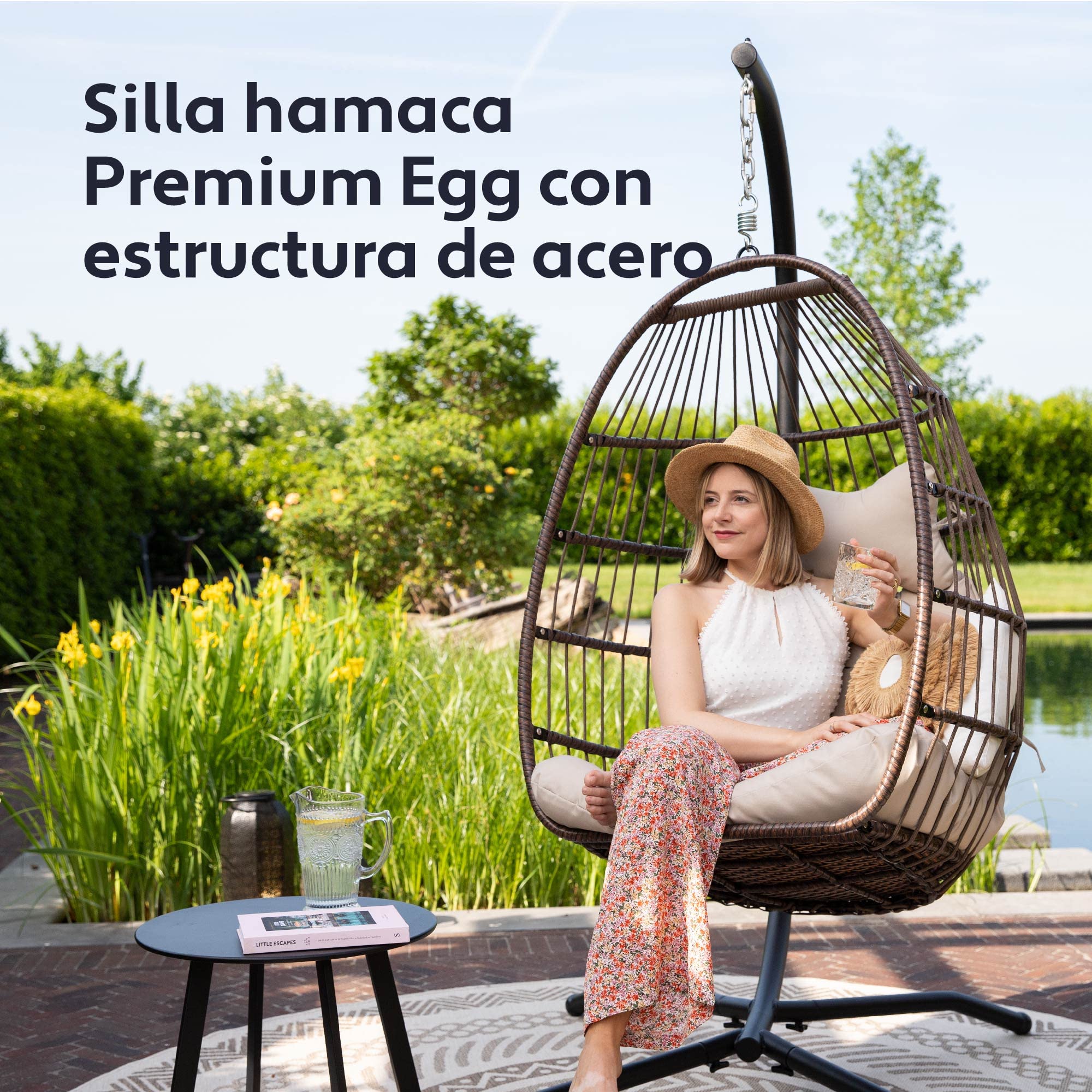 Vita5 Silla Colgante de Jardín – Silla Huevo con Cojìn y Almohadilla para Descansar - Columpio Colgante para Interior y Exterior - Silla Plegable - Estructura Metálica Carga máx. 150 kg - Beige-Marrón