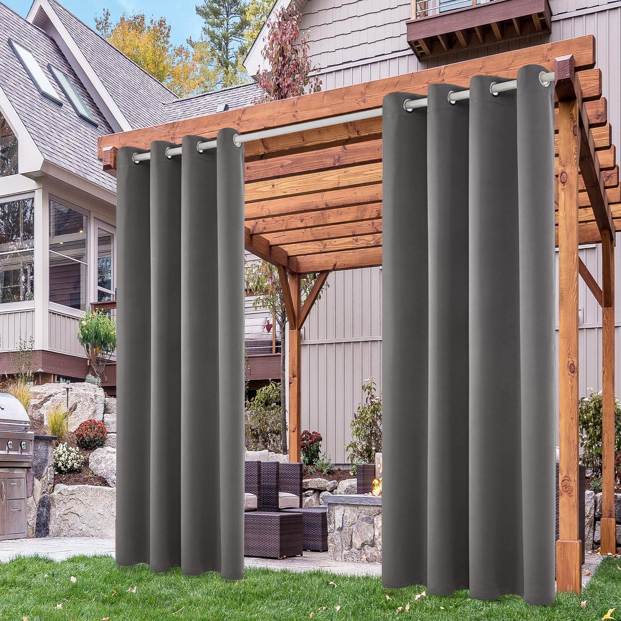 Deconovo Outdoor Vorhang Wetterfest Gardine Outdoorvorhänge Terrassen Sichtschutz Gardinen Wasserdicht Sonnenschutz für Balkon Pavillon, 245x132 cm(HöhexBreite), Grau, 2er Set