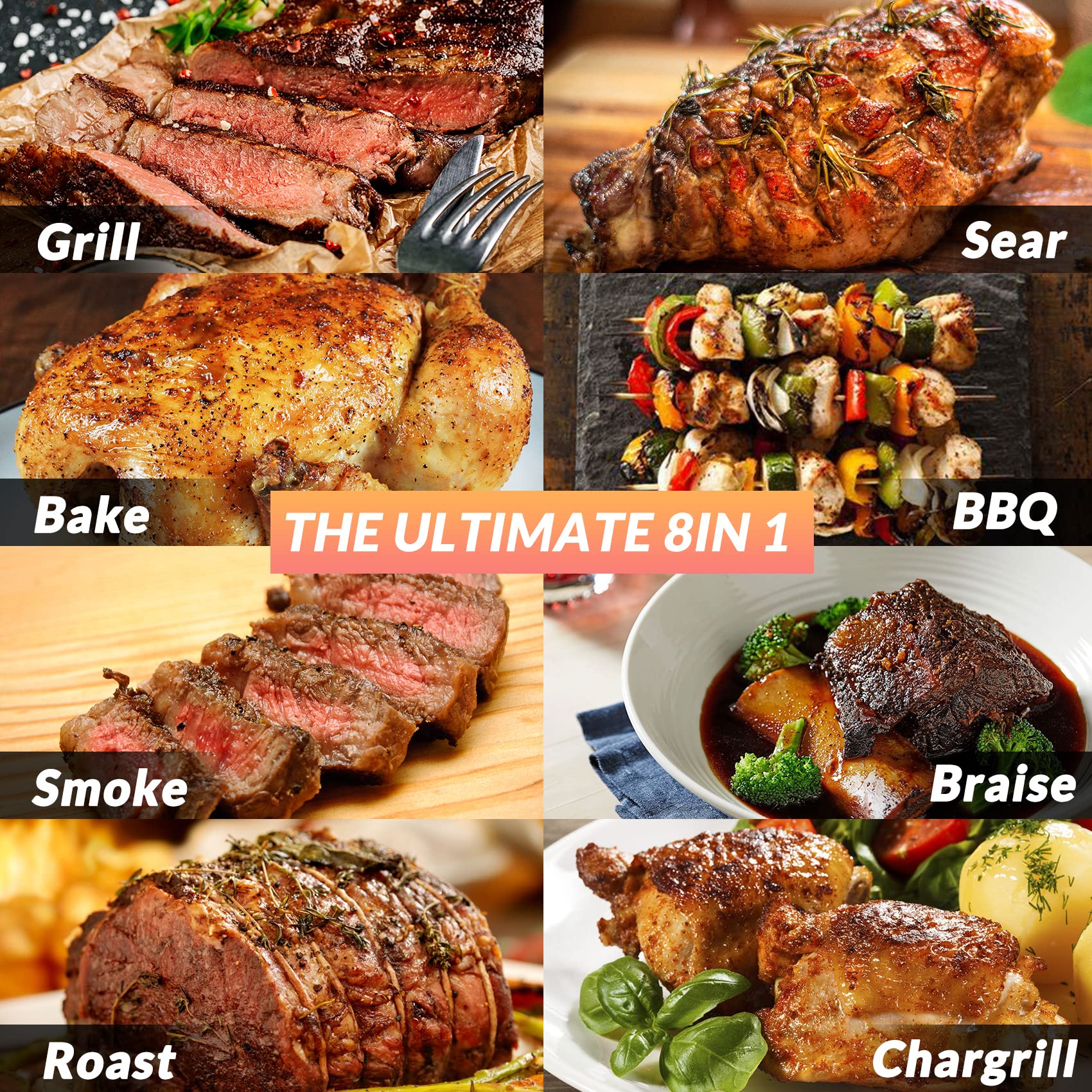 Onlyfire Tragbarer Pellet Grill, Edelstahl Pellet Smoker, 8-in-1-Multifunktion BBQ Pellet Smoker Grill, mit Automatischer Temperaturregelung, LED-Bildschirm, Silbe