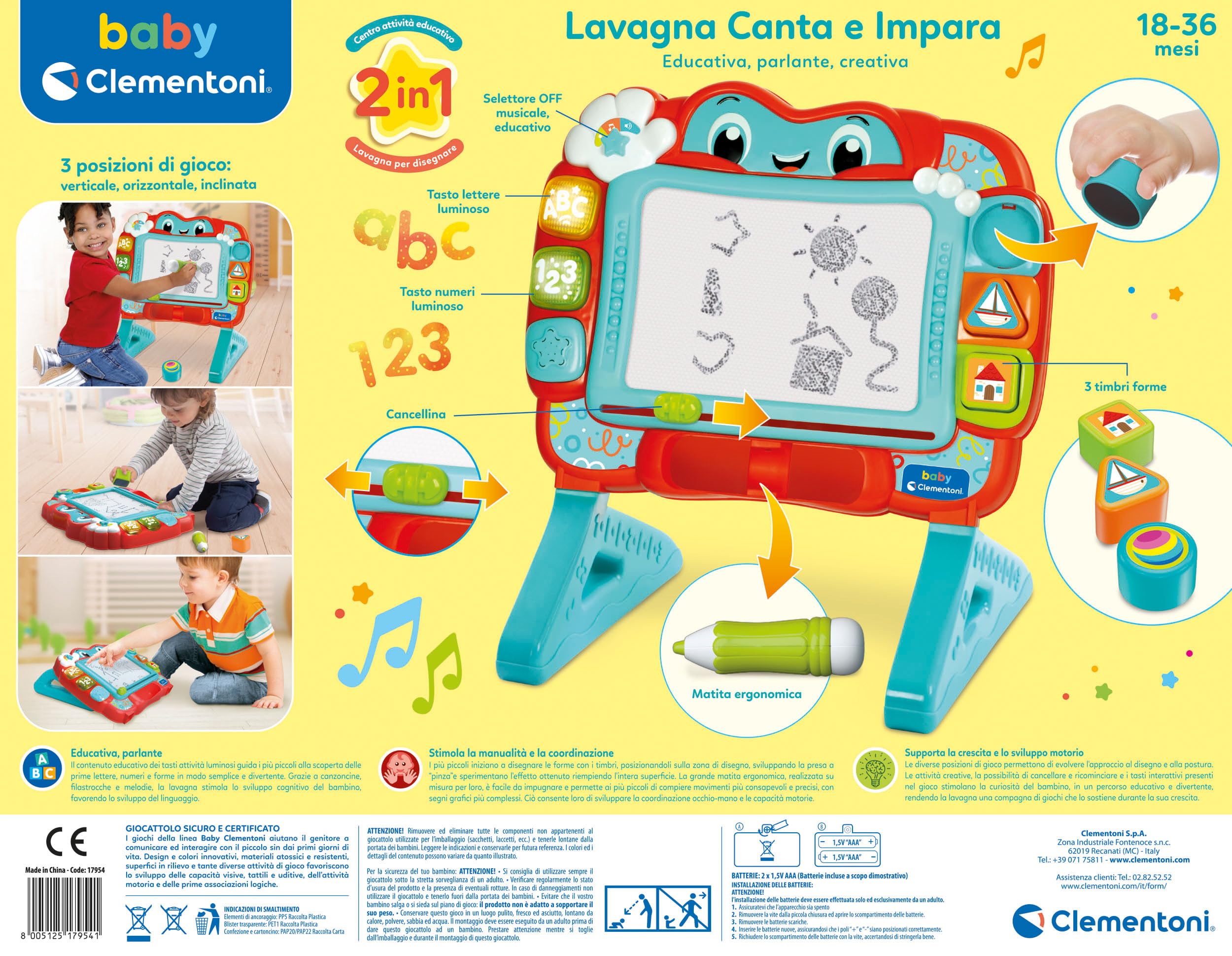 Clementoni Baby Pizarra Canta y Aprende – Juego electrónico Interactivo, Pizarra magnética para niños de 18 Meses, educativa con números y Palabras, Centro de Actividades parlante, Italiano e inglés,