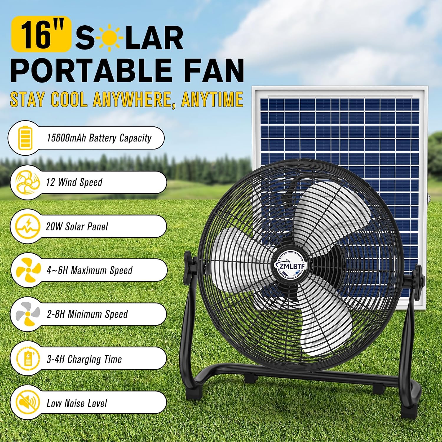 16" Solar Powered Fan with 20W Detachable Solar Panel, Black | Built-in Rechargeable Battery, Portable, 12 Speed, 360° Tilt for Outside, Camping, Greenhouse, Chicken Coop, Patio, gazebo 16" Black