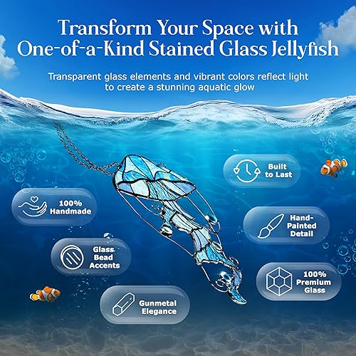 Miniatura 2 de Medusa para colgar en la ventana de vitral, panel interior atrapasoles de vida marina en el océano, decoración náutica para el hogar, pared, jardín,