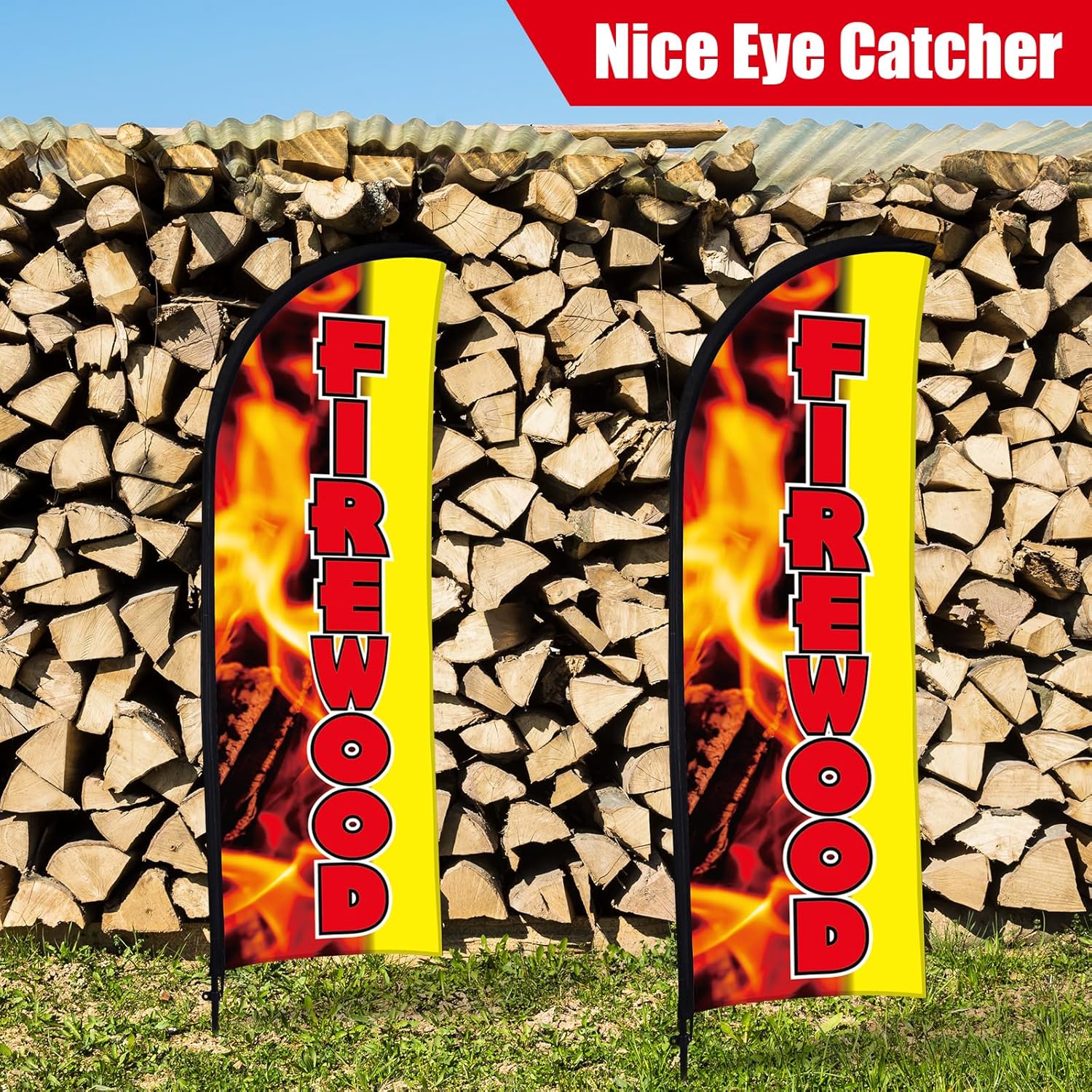 Buryeah 2 Sets Firewood Feather Flag 8ft Firewood for Sale Sign Advertising Sign Banner with Flag Pole and Ground Stake for Business Outside (Yellow)