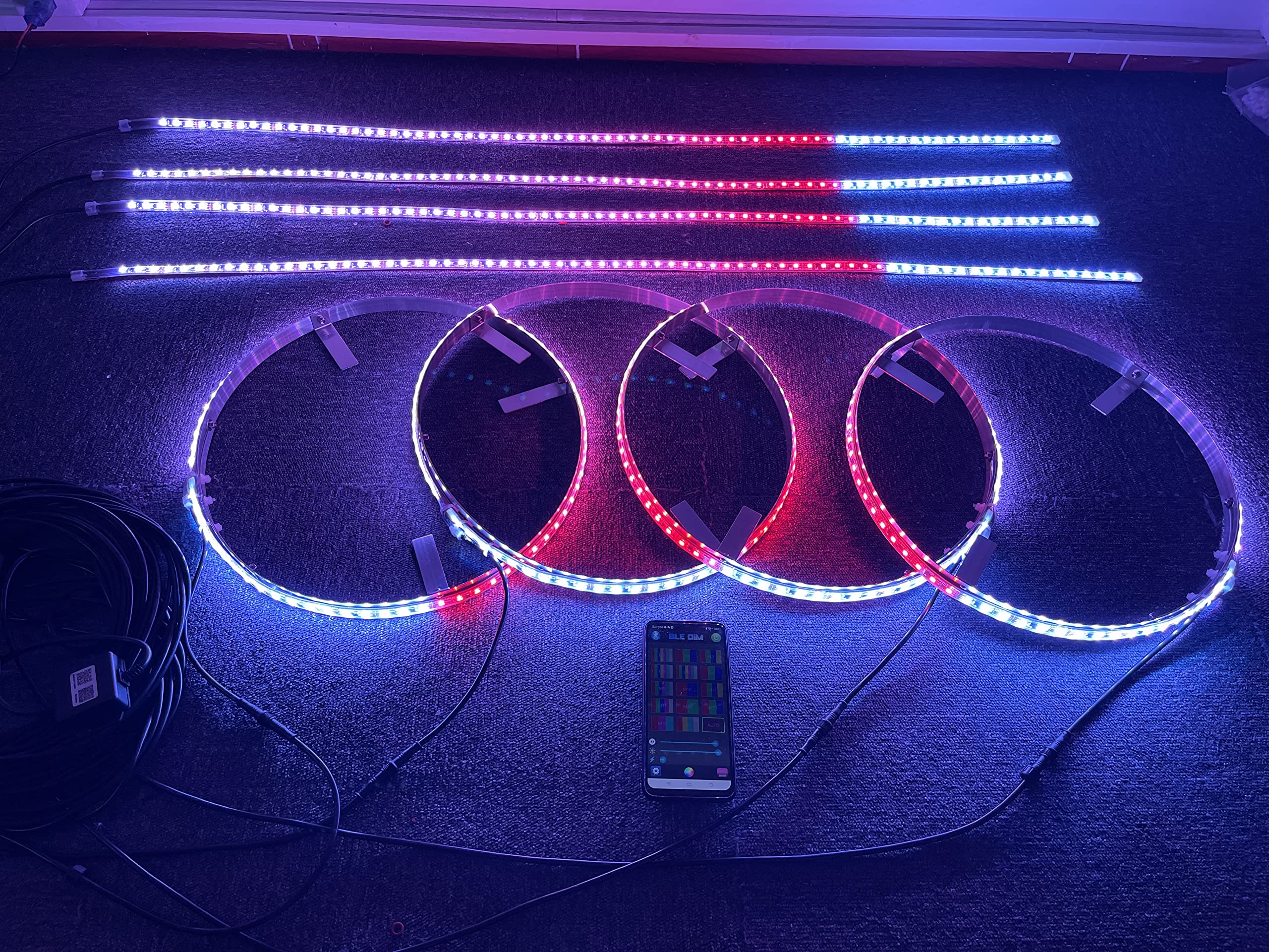 Sando Tech Dream Chase RGB 4PCS 15.5 Multi-Colors Led Wheel Ring Tire Lights + 4 PCS 4Ft Underbody Decoration Light Kit Flow Series Synchronize 8 Plugs Bluetooth Ctrl