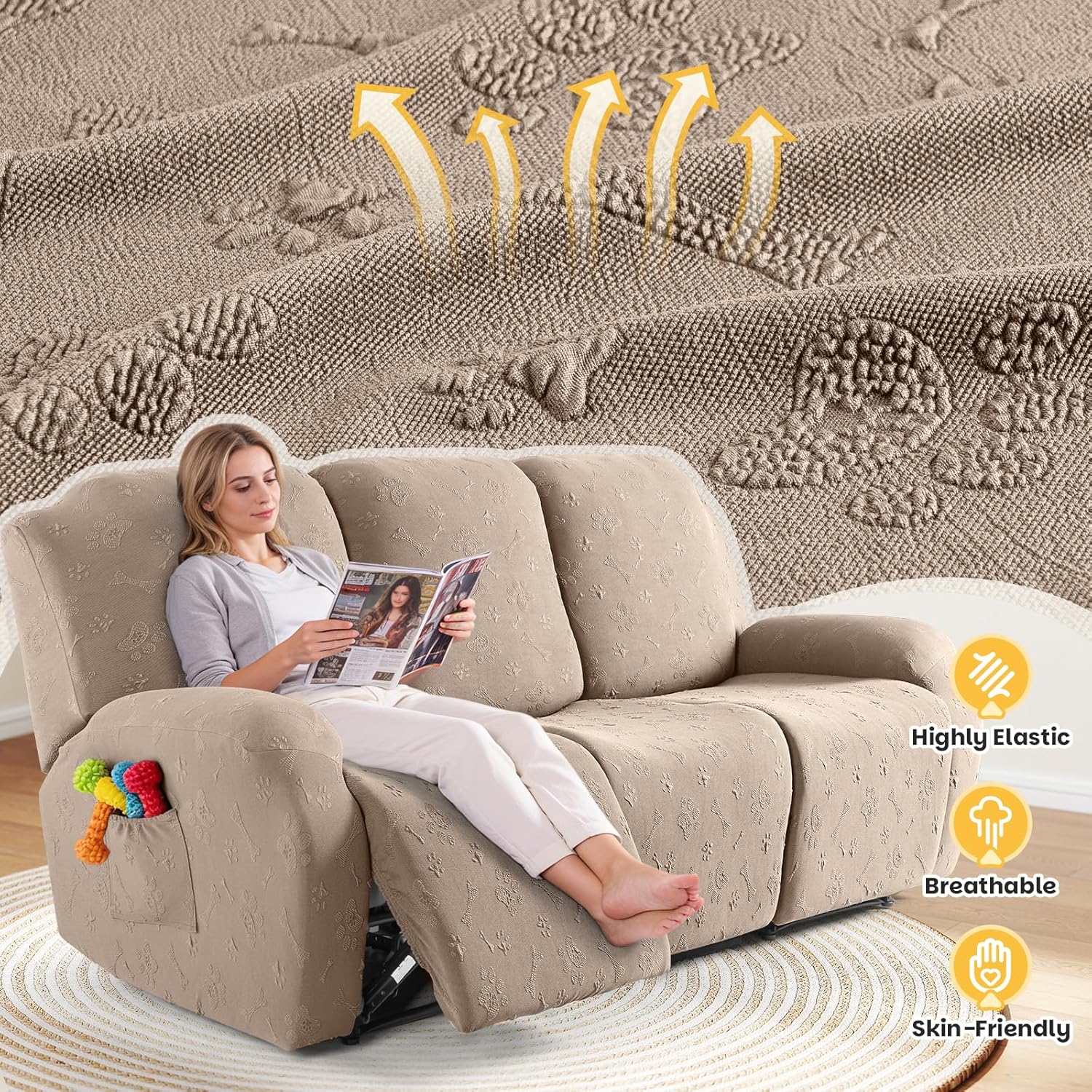 Ruaozz Recliner Sofa Covers, 8-Pieces Recliner Couch Cover Stretch Paw Bone Prints Reclining Sofa Slipcovers Soft Furniture Protector with Pockets for Dogs Pets (3 Seat, Taupe)