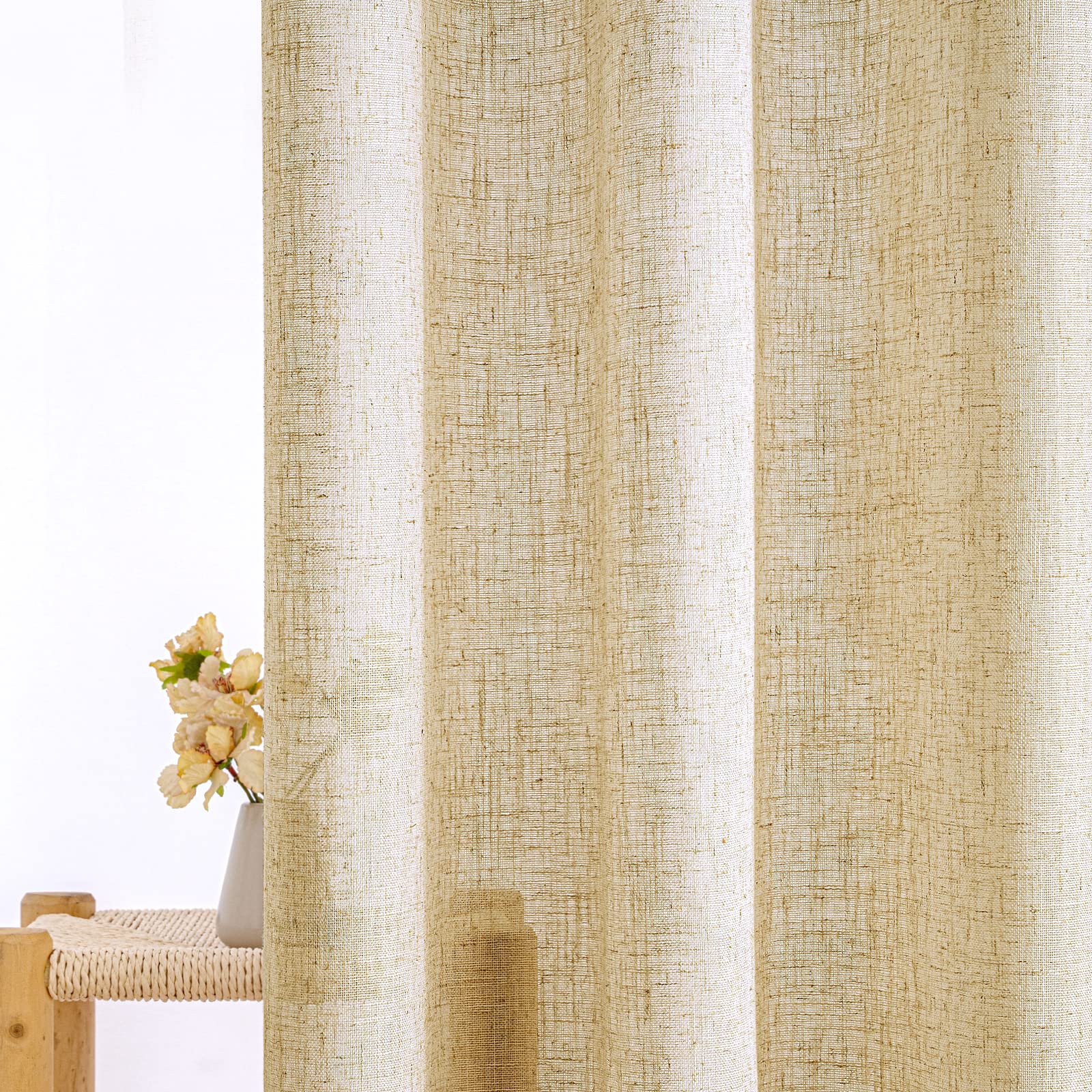EMEMA Gardinen Vorhänge Leinenvorhang mit Ösen Voile Vorhang Leinenoptik Modern Halbtransparent für Wohnzimmer Dekoschal Kinderzimmer Schlaufenschal Küchengardinen 2er Set 140x200cm (BxH) Beige