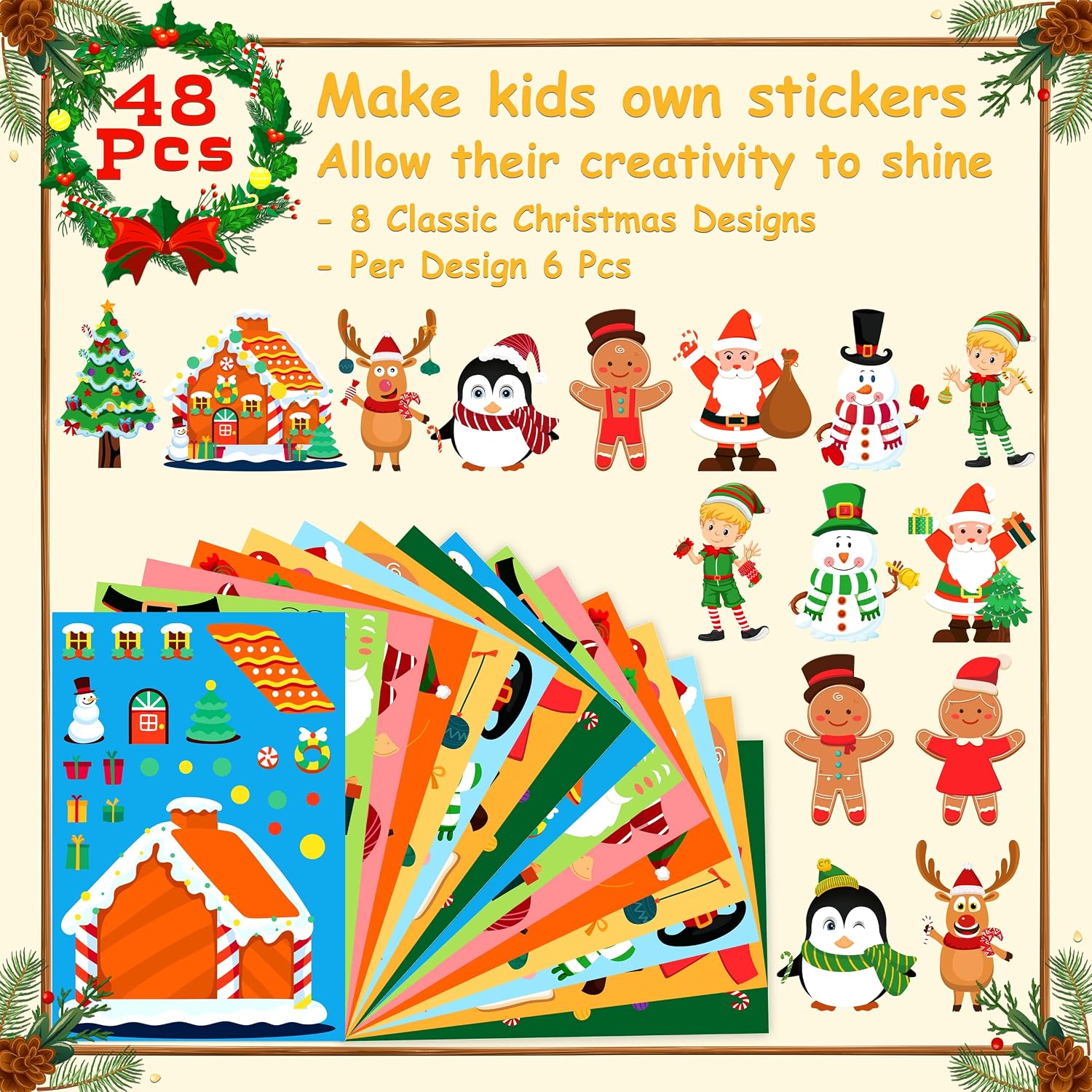 LINAYE 48 Sheets Christmas Stickers Crafts for Kids Toddlers, 8 Styles Make Your Own Stickers Goodie Treat Bag Stuffers Christmas Game Activities for Kids Toddlers Party Favors image 3