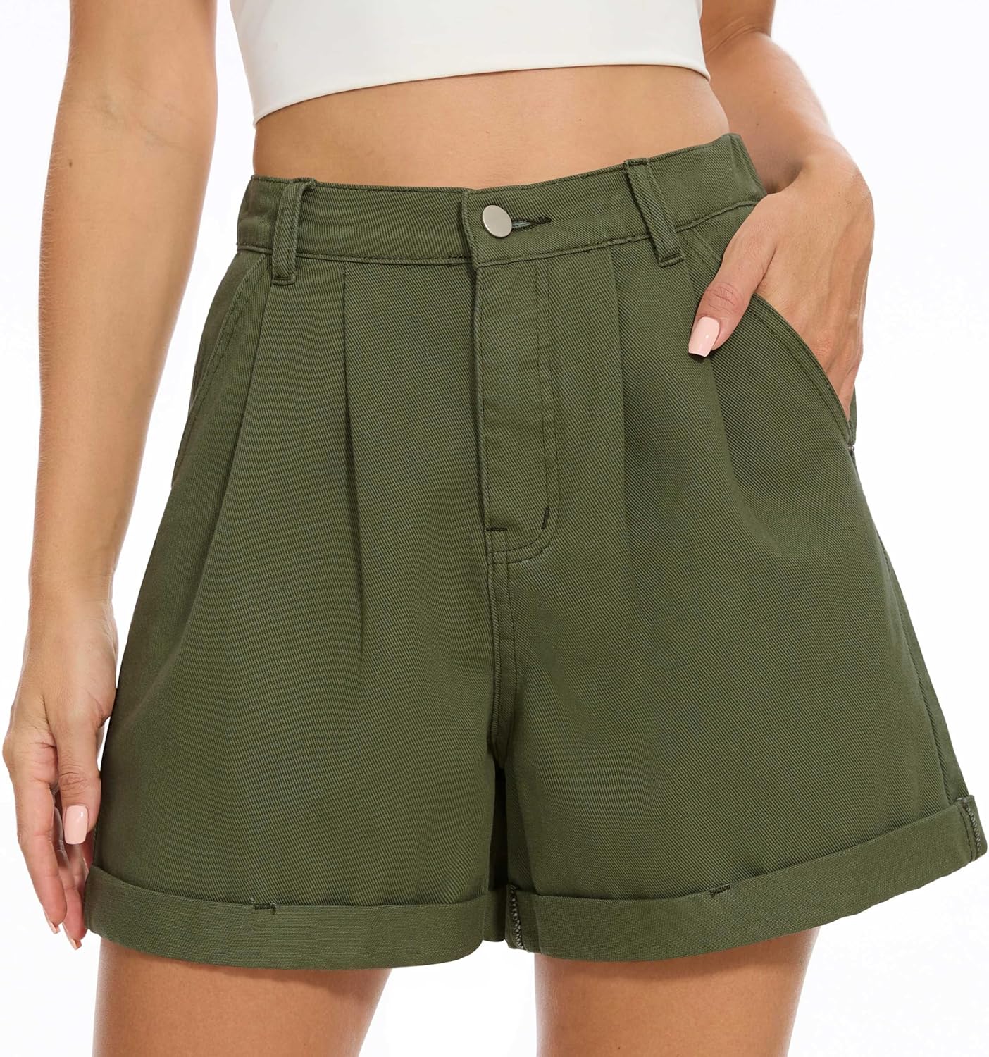 QUEZHU Women Denim Pleated High Waist Jean Shorts 2025 Summer Causal with Pockets