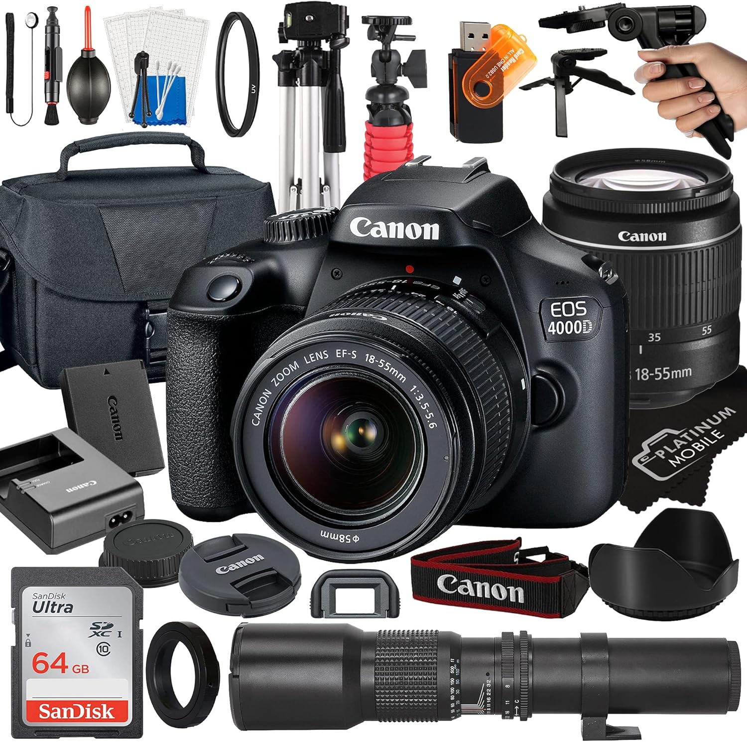 Canon EOS 4000D / Rebel T100 DSLR Camera with EF-S 18-55mm + 500mm Preset Manual Focus Lens + SanDisk 64GB Card + Tripod + Case + MegaAccessory Bundle (23pc Bundles) 500MM Preset Lens (Renewed) Canon EOS 4000D / Rebel T100 DSLR Camera with EF-S 18-55mm + 500mm Preset Manual Focus Lens + SanDisk 64GB Card + Tripod + Case + MegaAccessory Bundle (23pc Bundles) 500MM Preset Lens (Renewed)