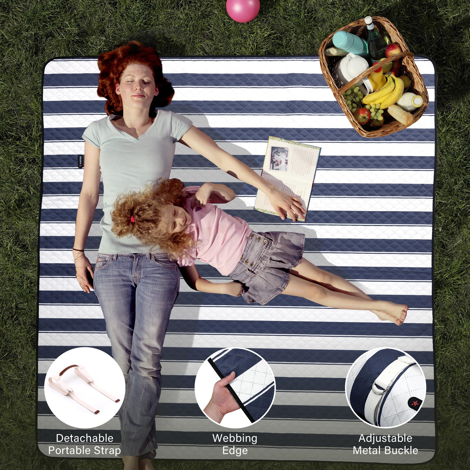HX&OD Outdoor-Picknickdecke, extra groß, 203,2 x 203,2 cm, wasserdichte Picknickmatte, faltbar, Campingdecke, tragbar, mit Tragegurt für Strandmatte, Blau