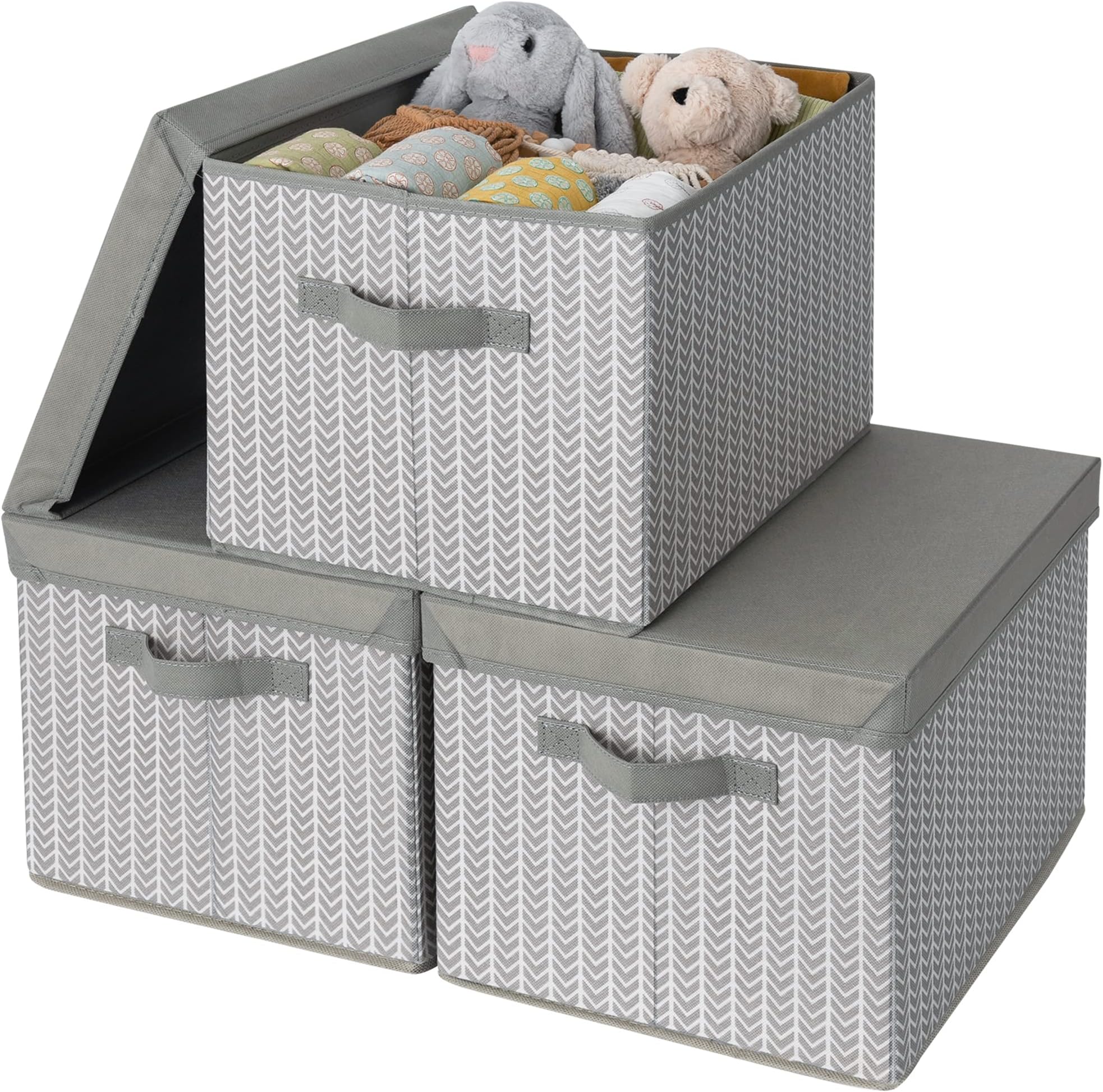 GRANNY SAYSFabric Boxes with Lids, Storage Bins with Handles, Shelf Baskets for Organizing, Storage Containers Extra Large Storage Boxes for Clothes, Gray/White, 3-Pack