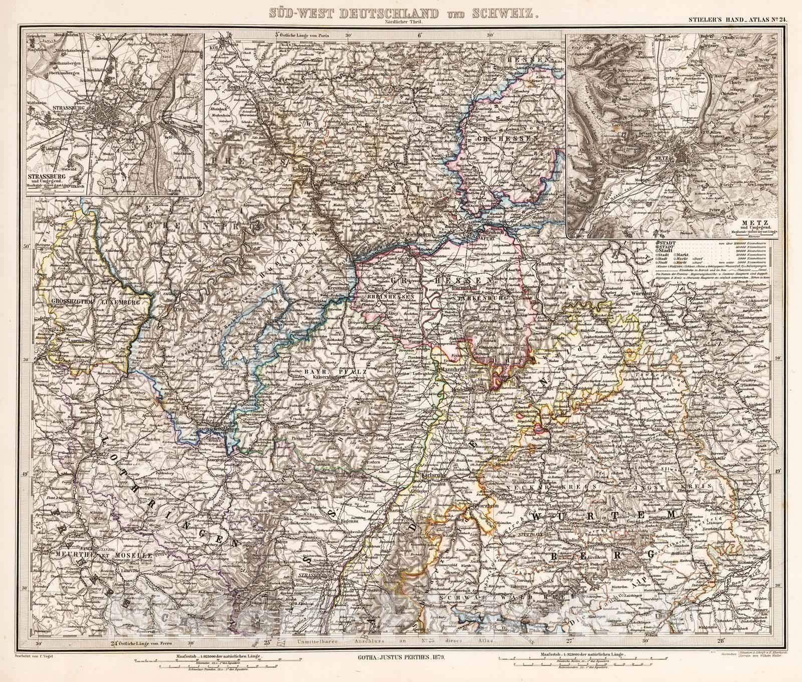 Historic Map : 1879 Sud-West Deutchland und Schweiz. (Southwest Germany and Switzerland - Northern Sheet). - Vintage Wall Art - 24in x 20in