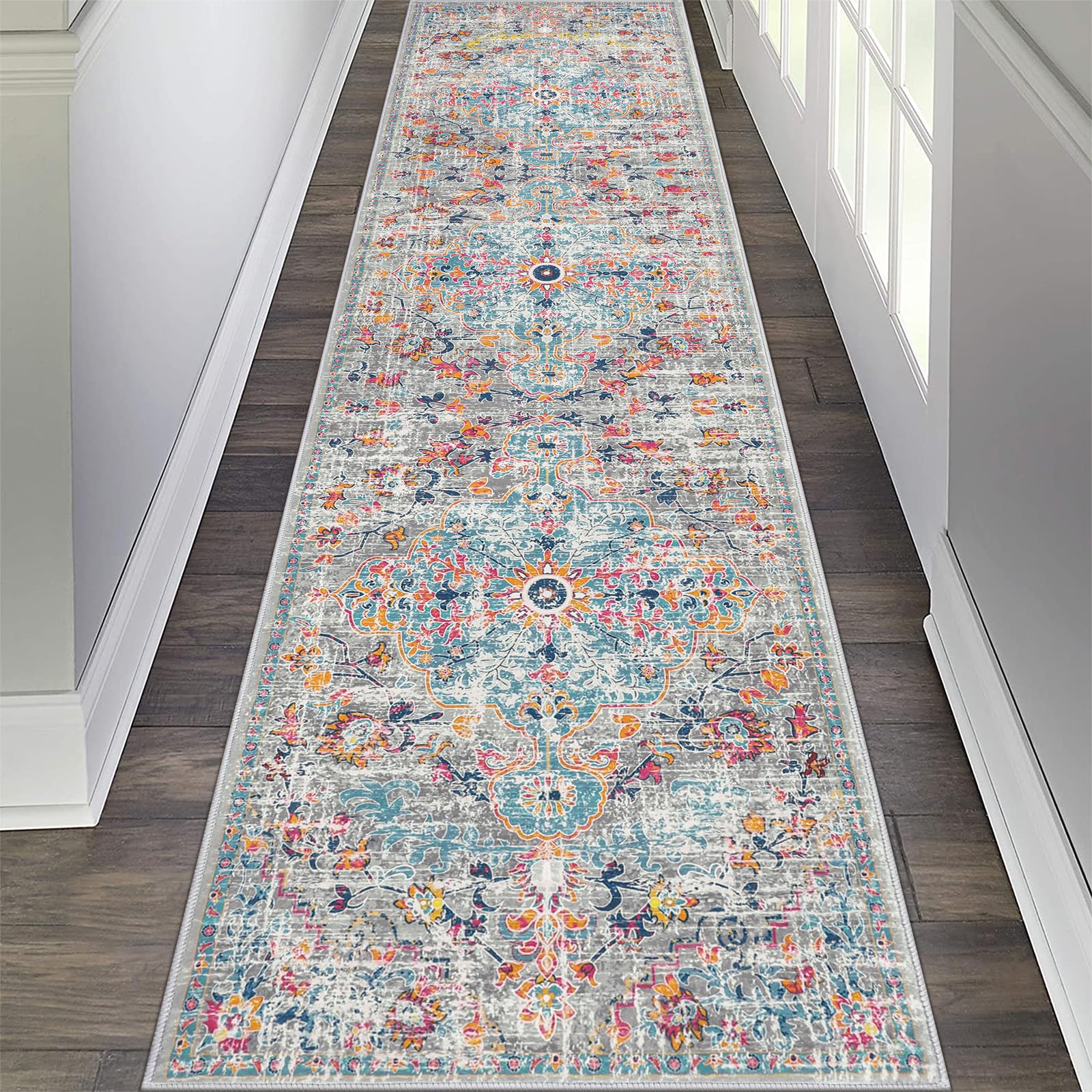 Alfombra de pasillo de 2x8 pies Pauwer lavable y antideslizante con diseño de medallón