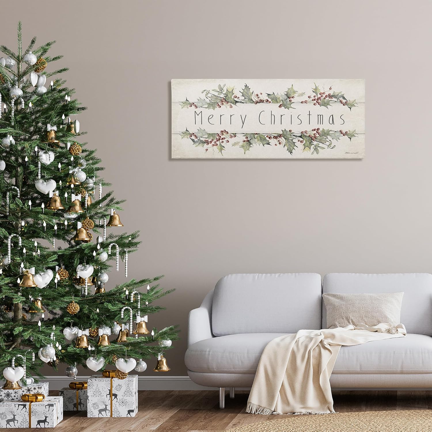 stupell industries vintage merry christmas sentiment, designed by stephanie workman marrott, 48 x 20, canvas wall art 20"l x 48"w